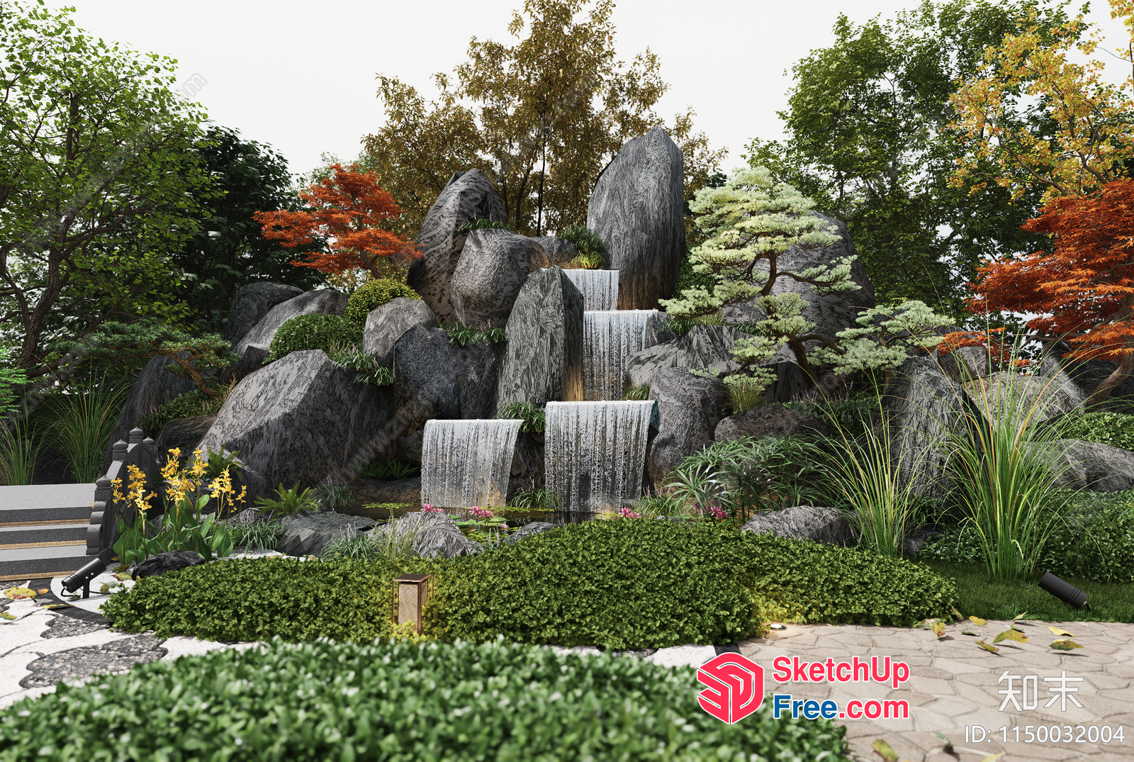 Japanese-Style Waterfall Garden With Railing 3D SketchUp File