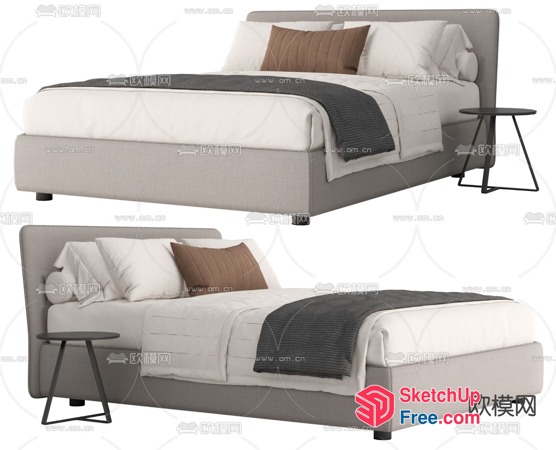 Modern Bed With Pillows And Side Table 3D SketchUp File