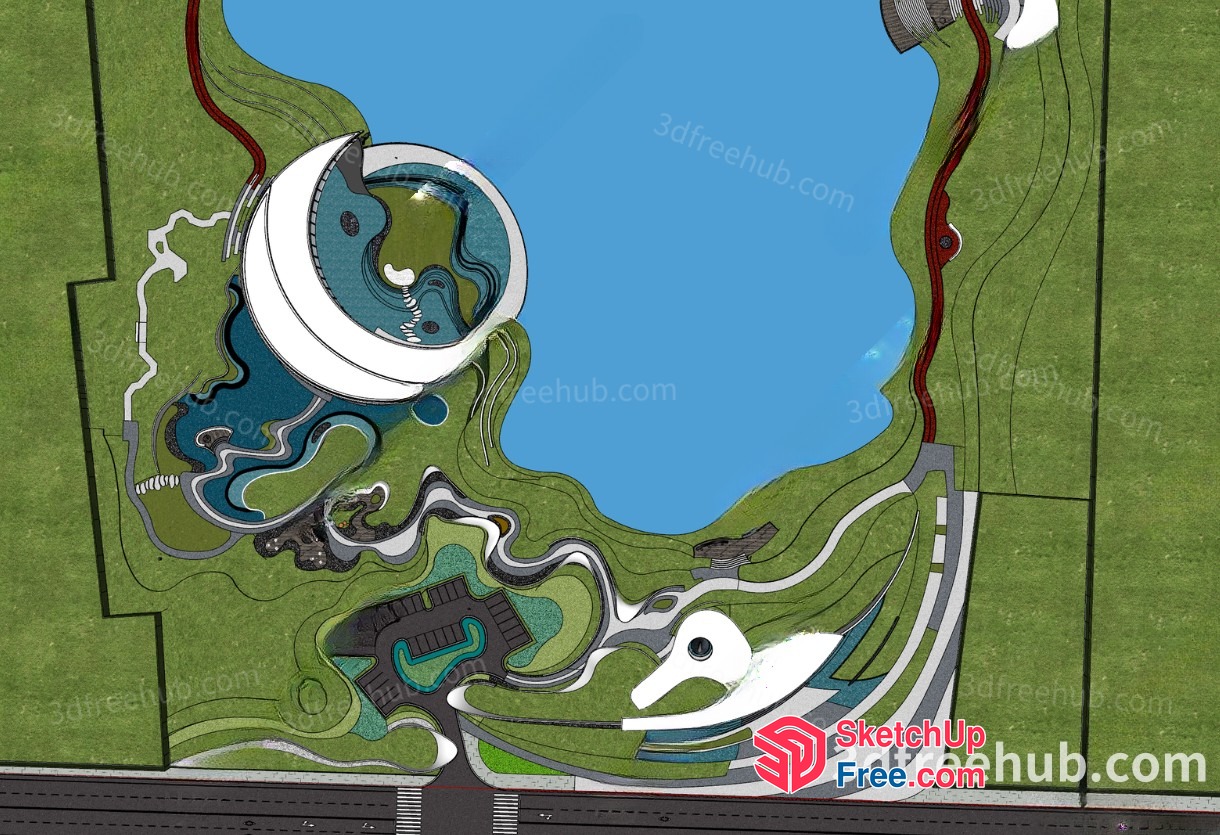 Futuristic Landscape With Curved Paths And Circular Structures 3D SketchUp File
