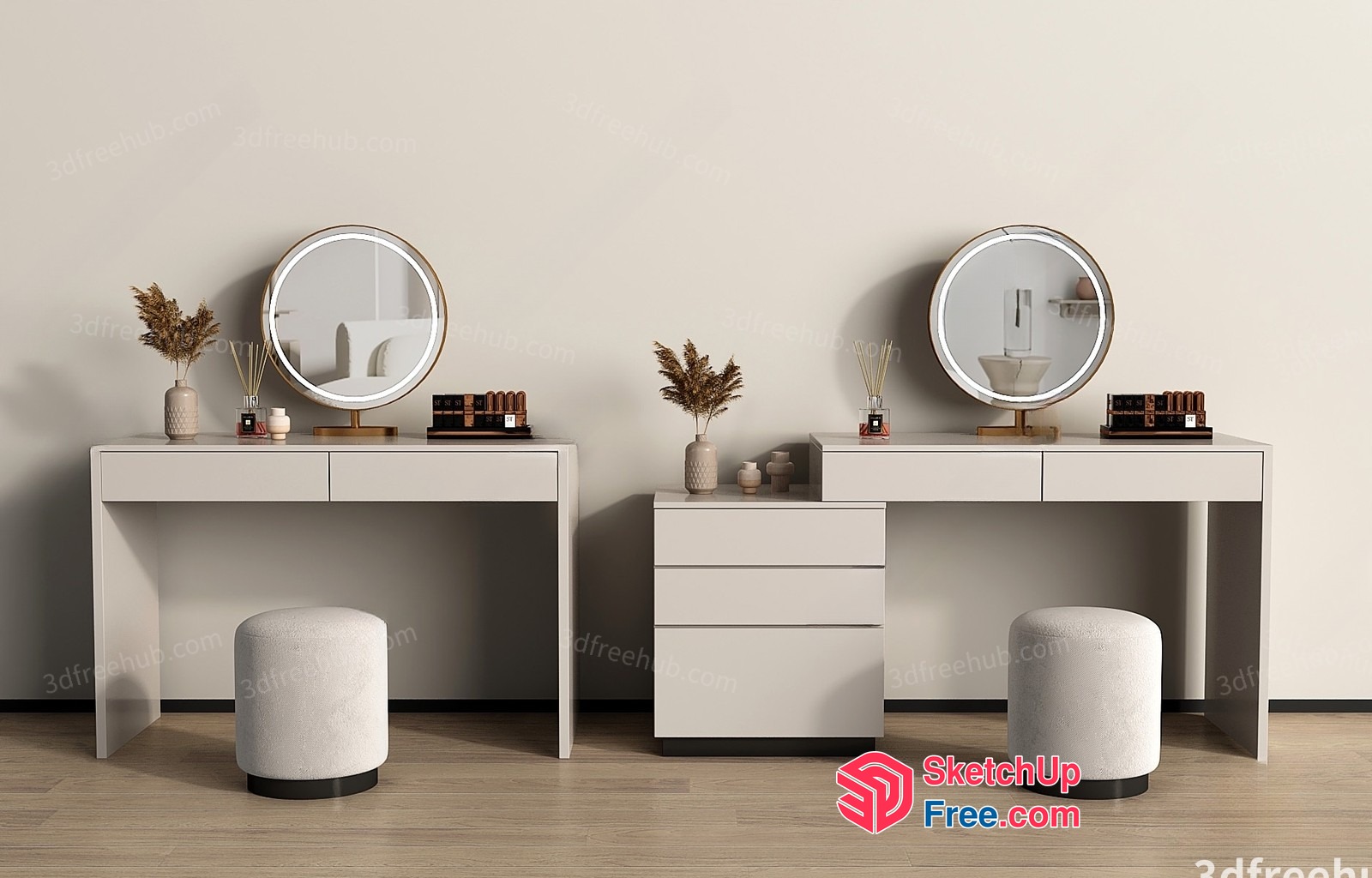 Modern White Dressing Table With Round Mirrors And Stools 3D SketchUp File