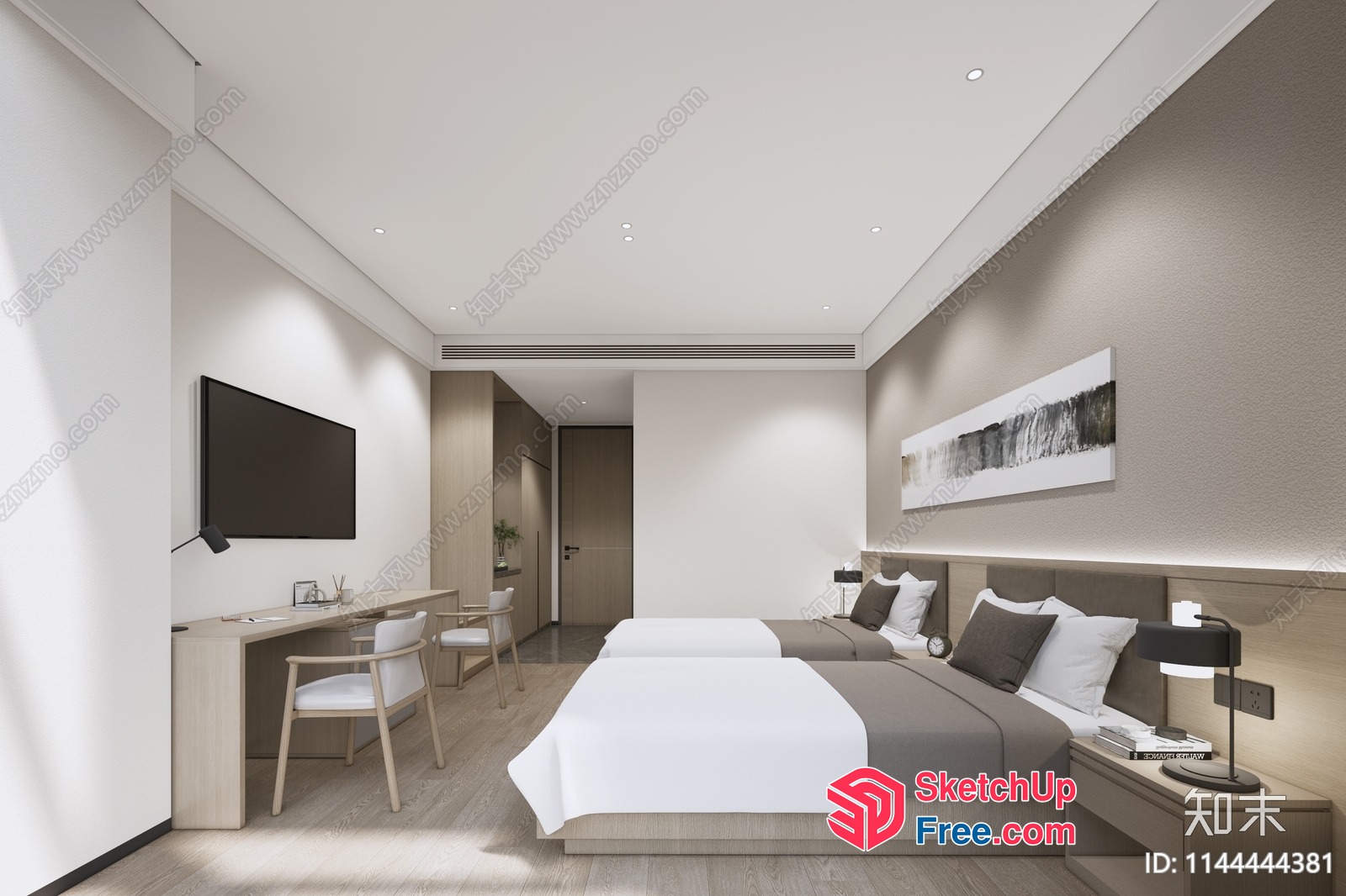 Modern Minimalist Bedroom With Two Beds And Desk 3D SketchUp File