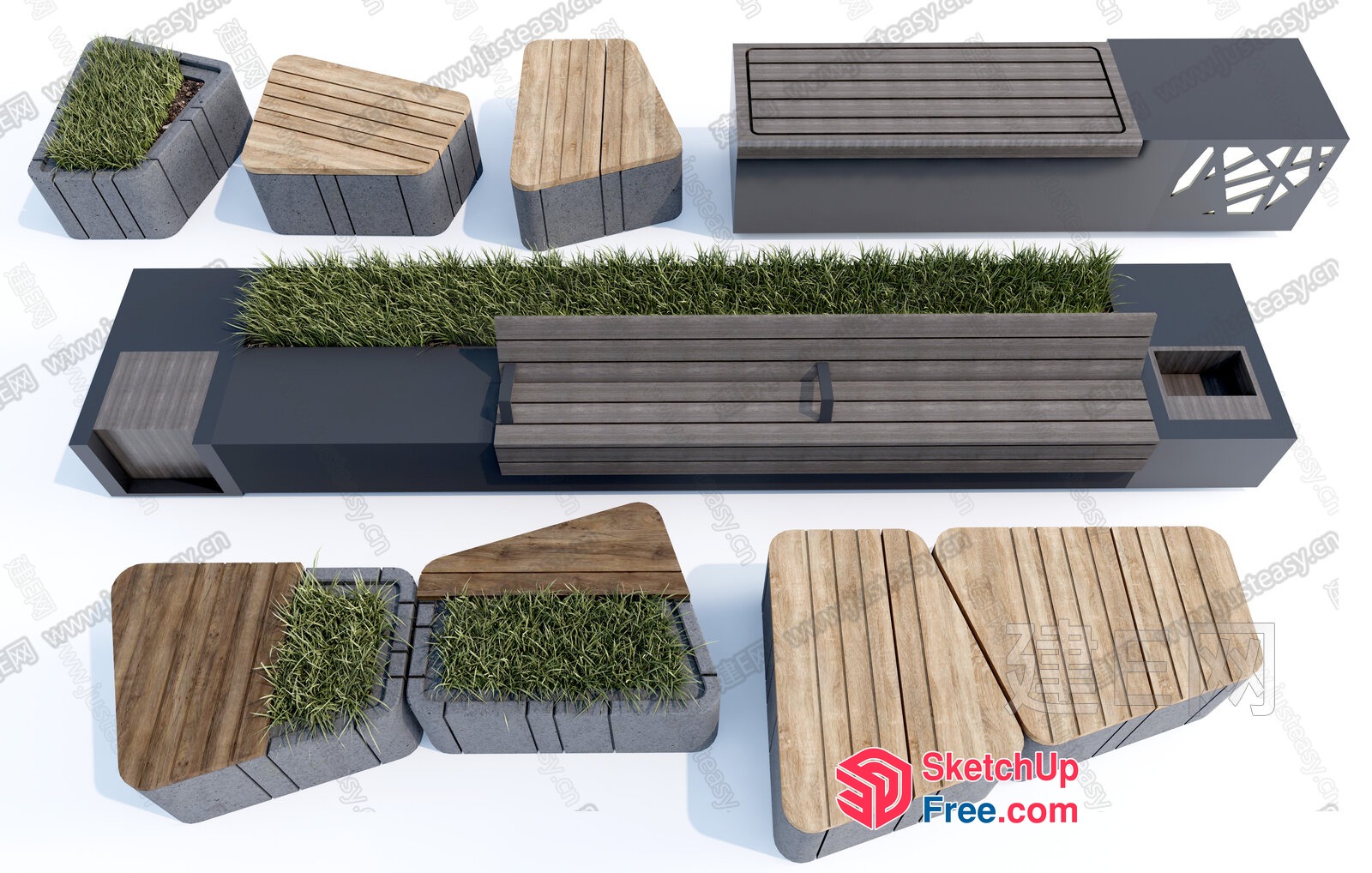 Outdoor Furniture Set With Grass And Wood Accents 3D SketchUp File