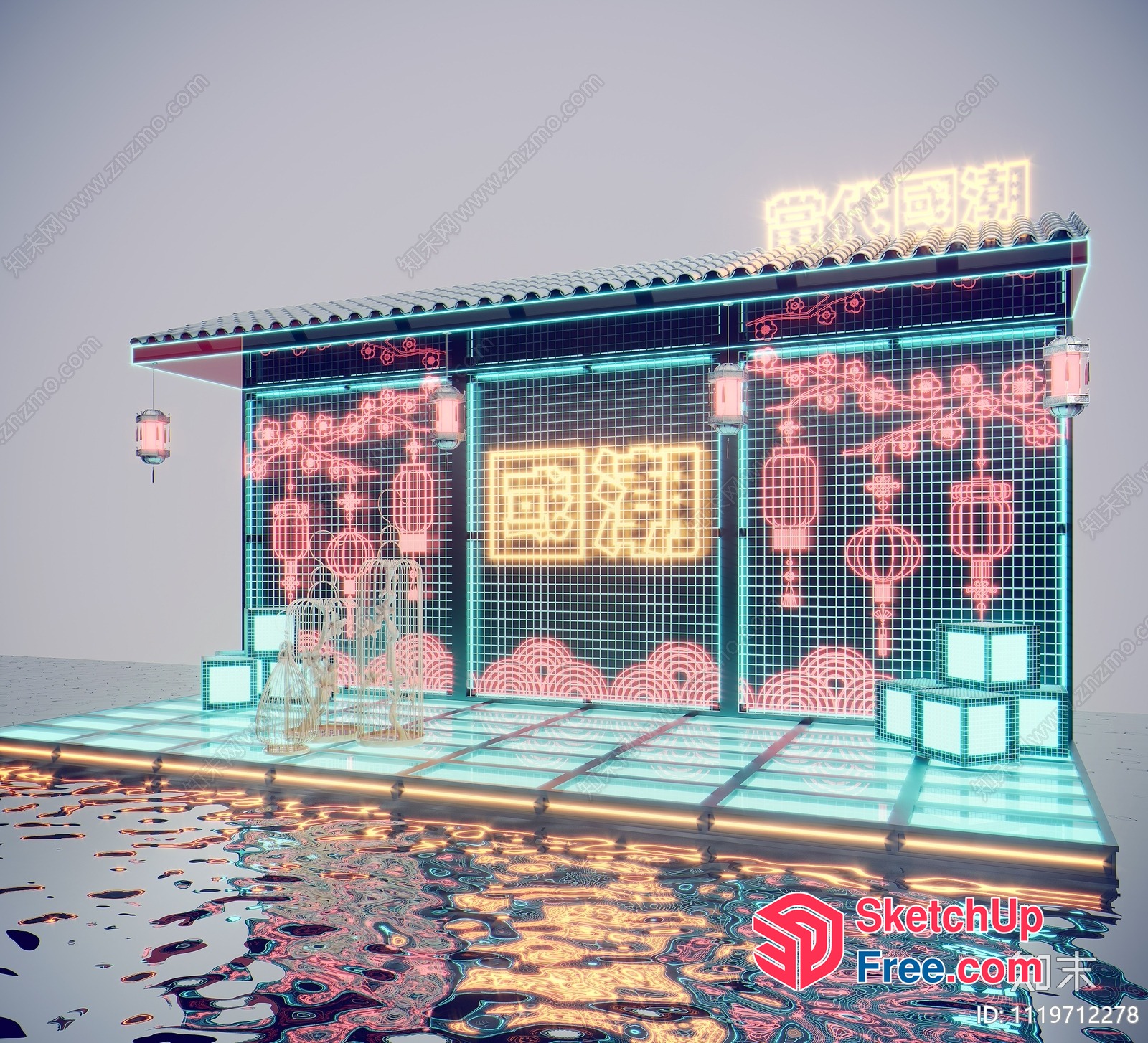 Futuristic Neon-Lit Chinese Market Scene 3D SketchUp File