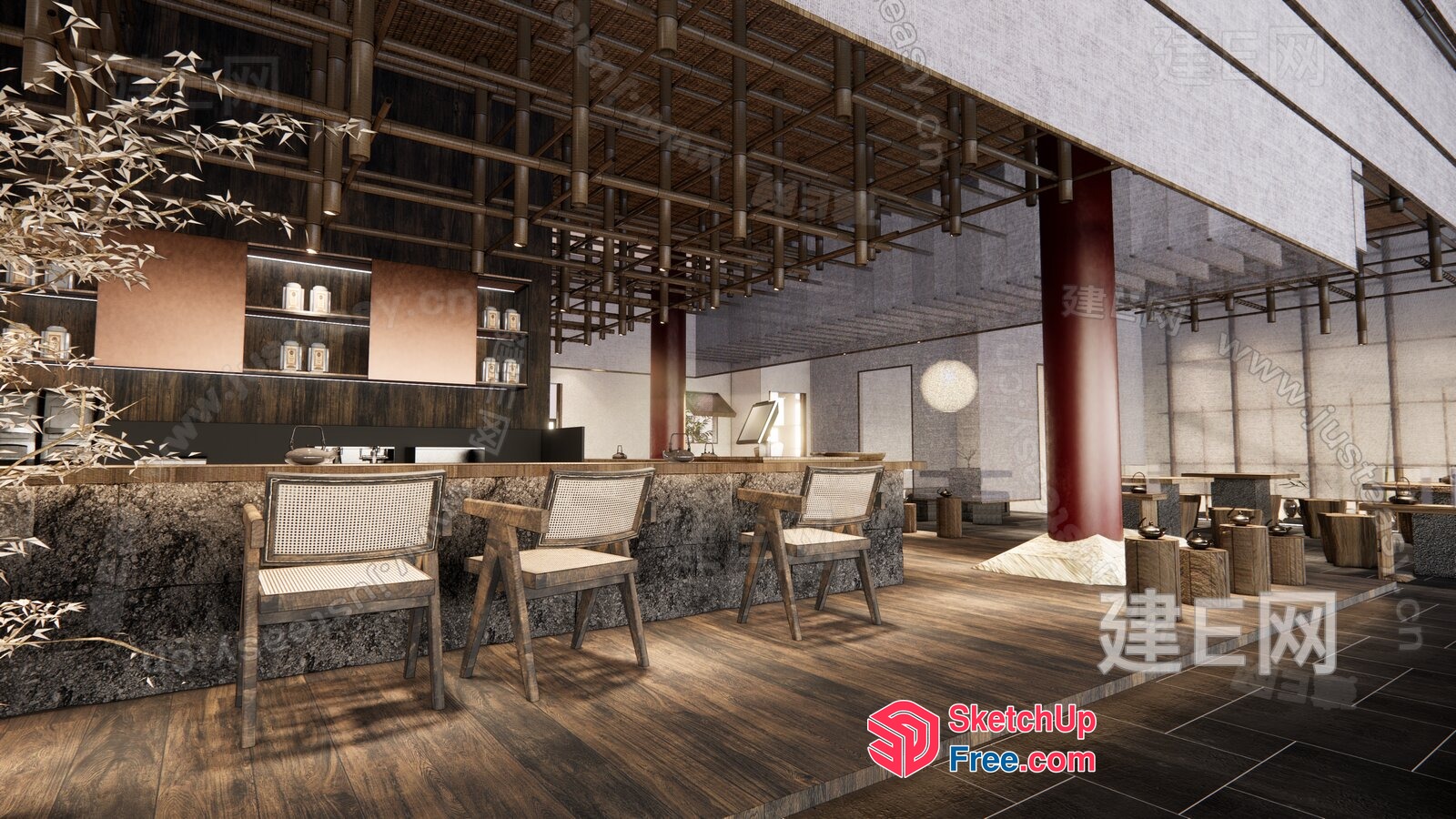 Modern Japanese-Style Restaurant Interior With Natural Materials 3D SketchUp File