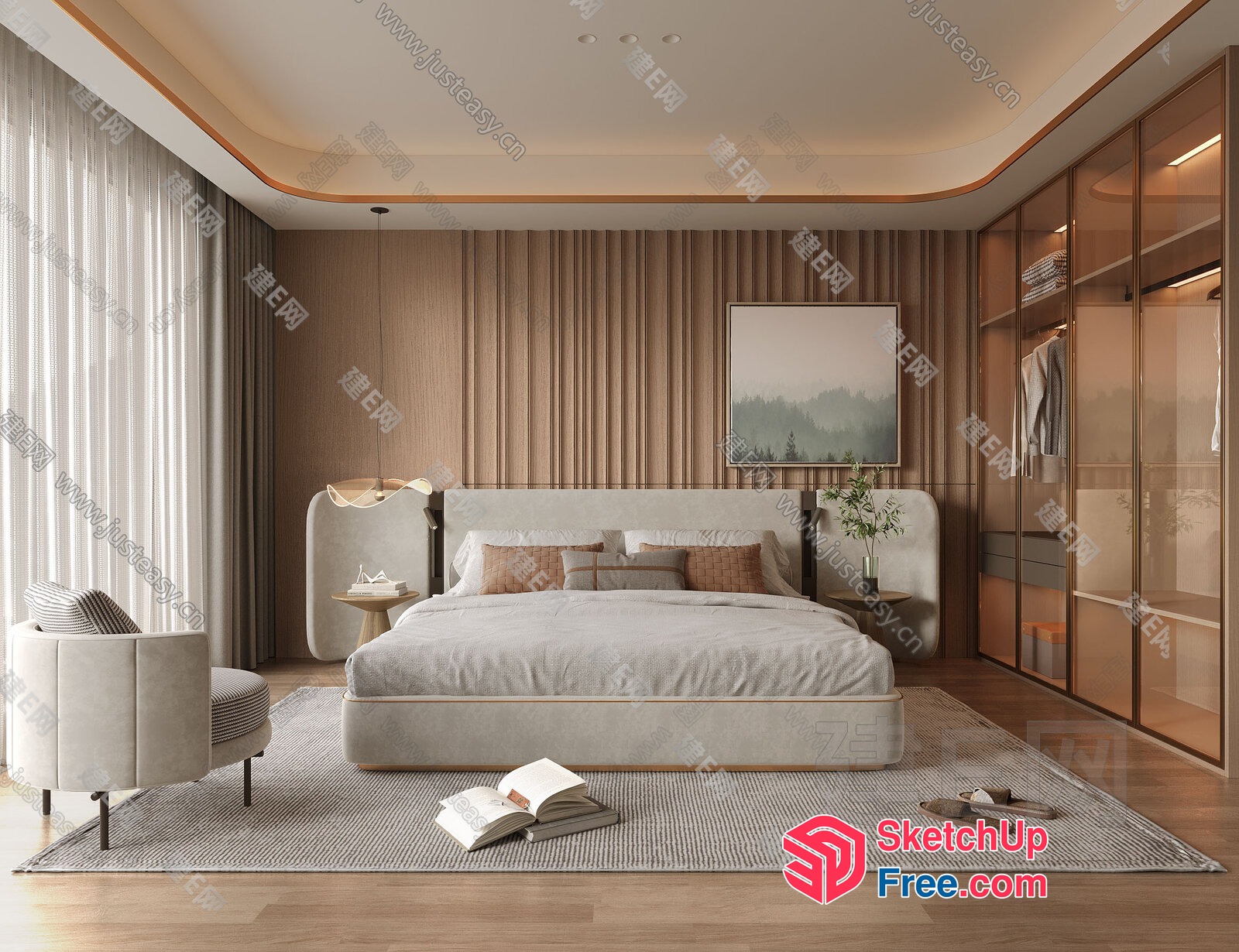 Elegant Modern Bedroom With Creamy Style Bed Head Tab 3D SketchUp File