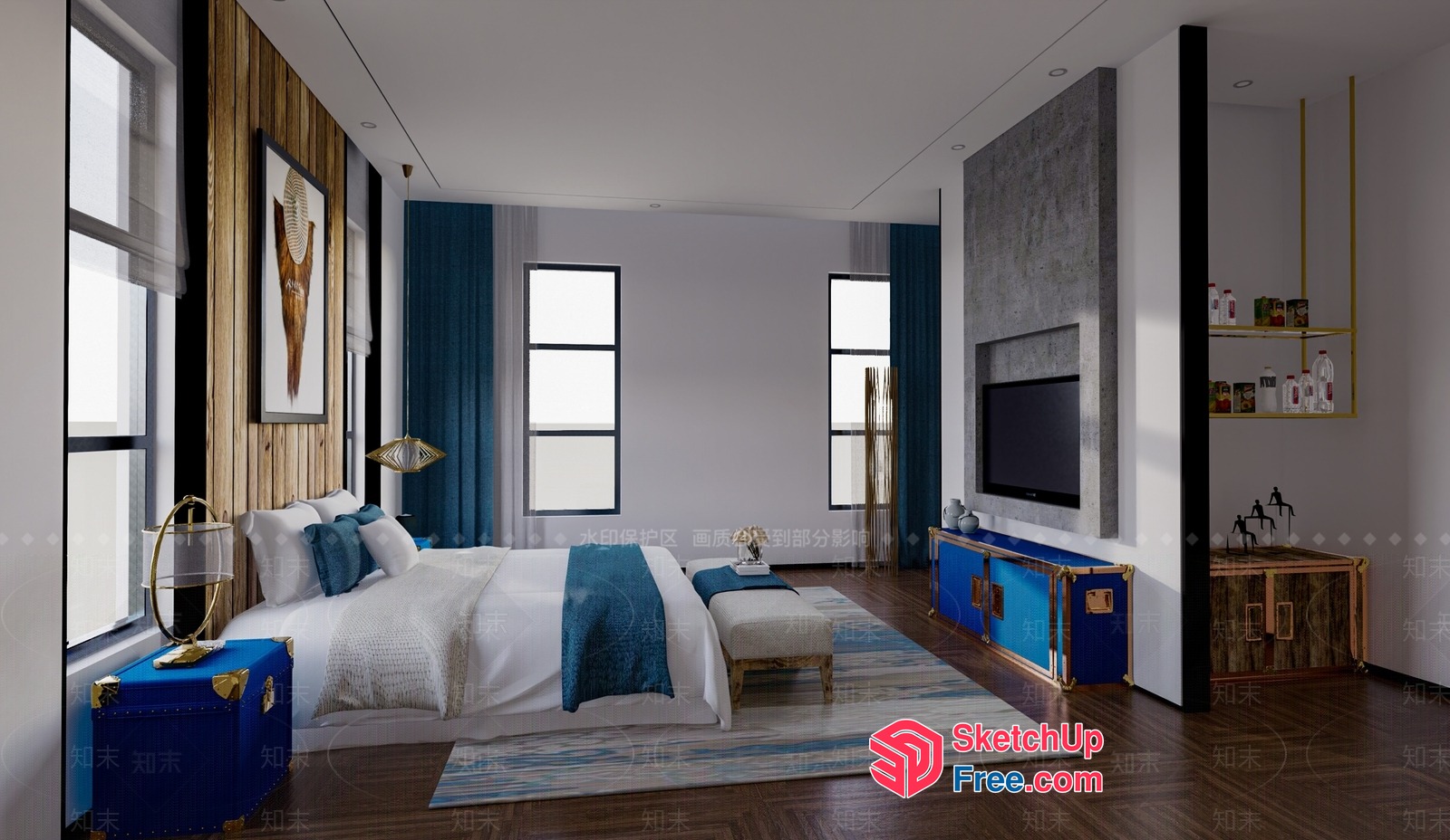 Modern Interior With Blue And White Accents And Natural Wood 3D SketchUp File