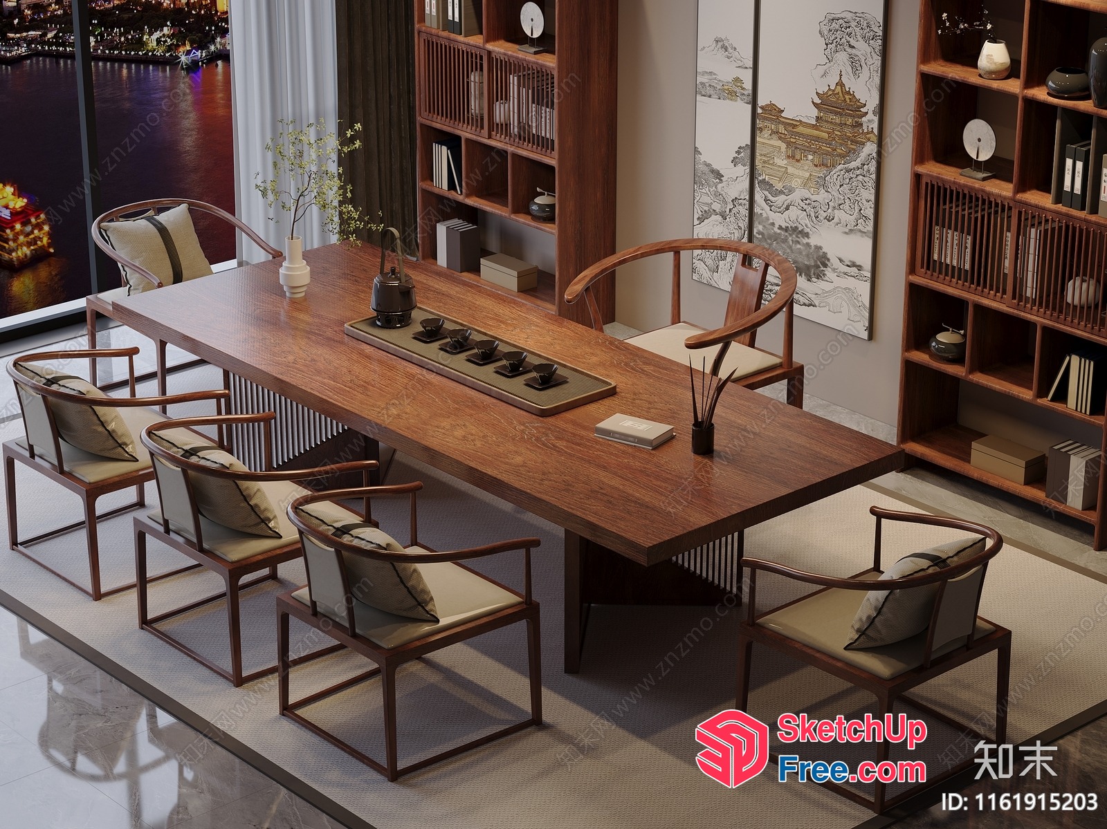 Modern Asian-Inspired Dining Room With Wooden Table And Chairs 3D SketchUp File