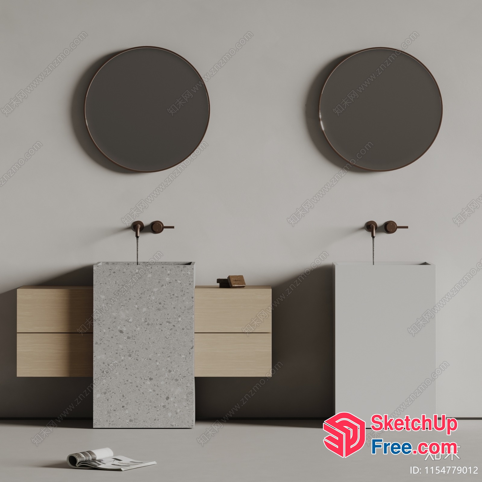 Modern Bathroom Sink Vanity With Round Mirrors 3D SketchUp File