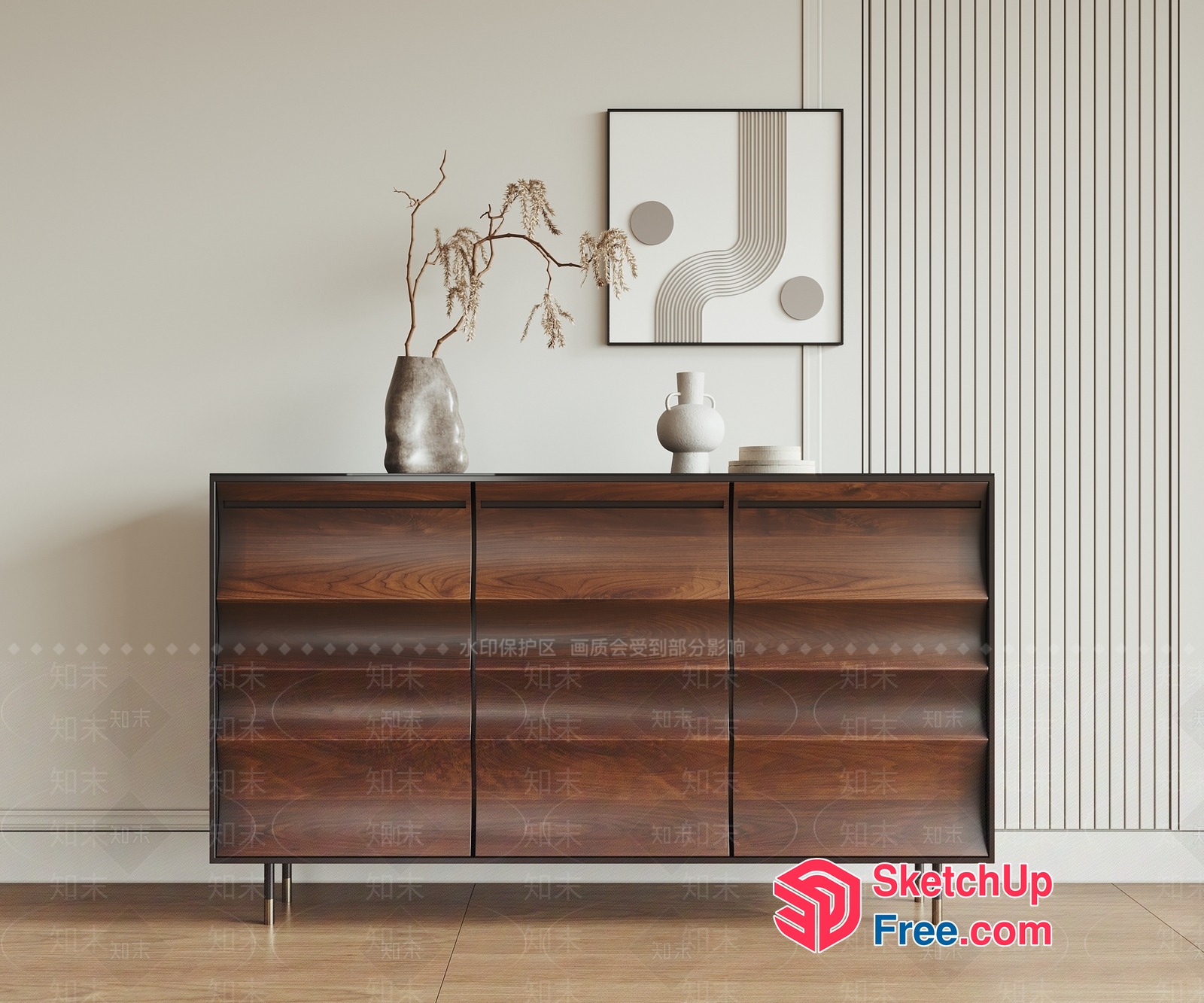 Mid-Century Modern Sideboard With Wood Veneer Finish 3D SketchUp File