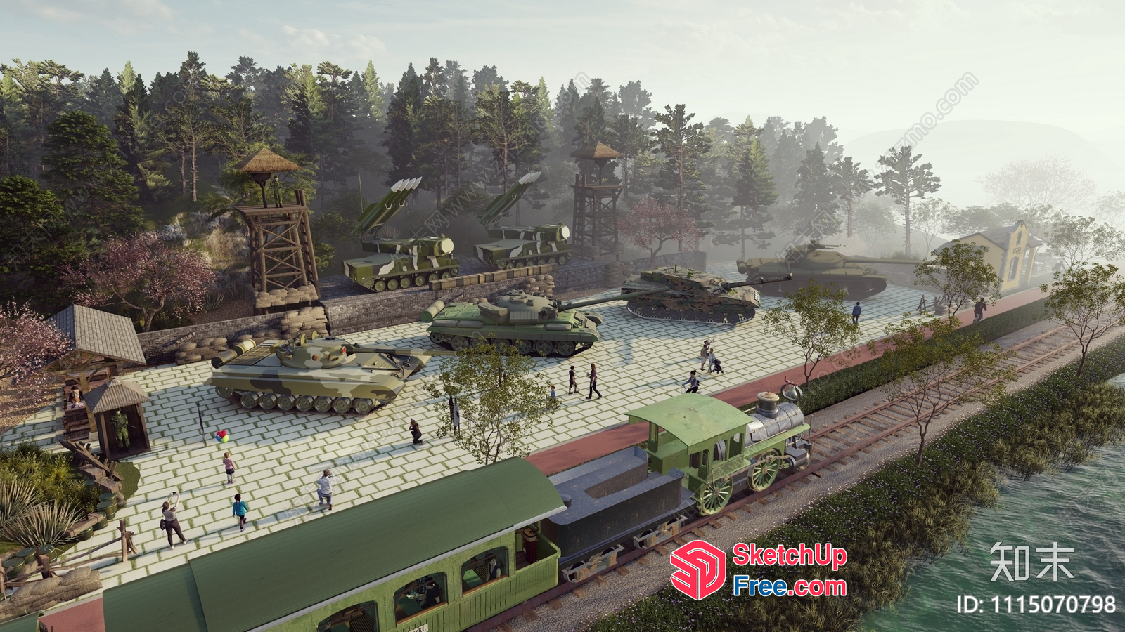 Military Display At A Park With Train Station 3D SketchUp File