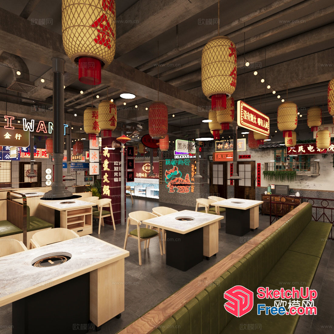 Chinese Restaurant Interior With Neon Signs And Lanterns 3D SketchUp File