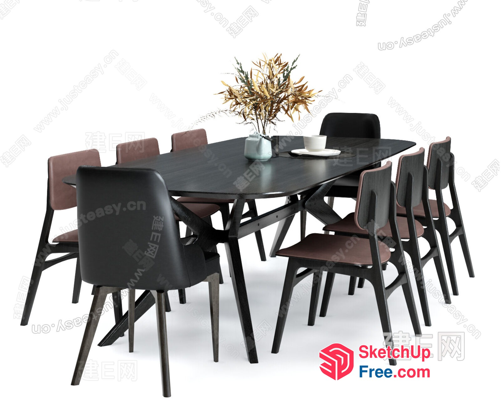 Black Dining Table With Chairs And Vase 3D SketchUp File