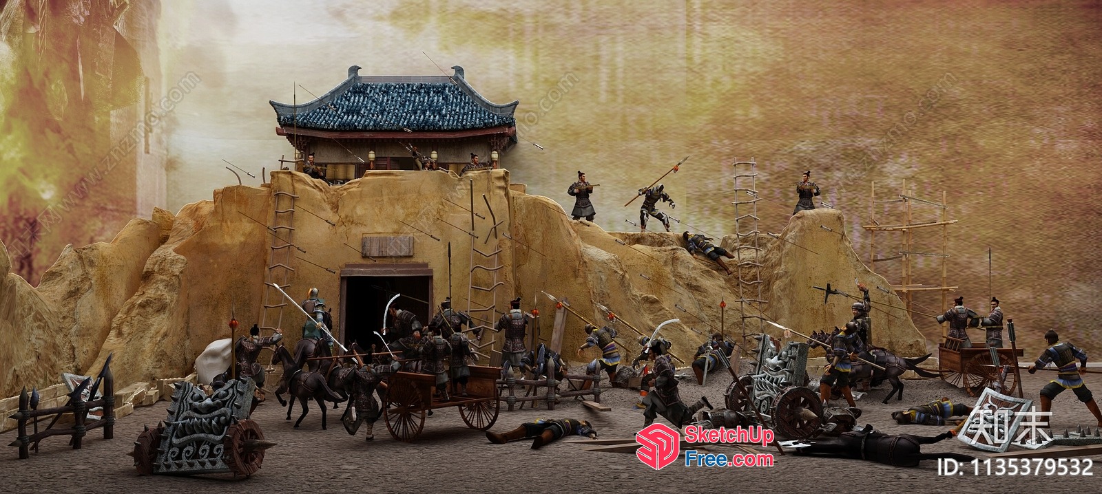 Ancient Chinese War Scene With Soldiers And Architecture 3D SketchUp File
