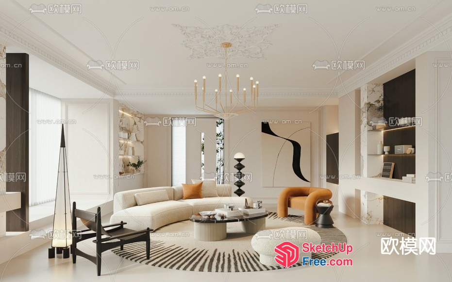 Modern European-Style Living Room With Elegant Chandelier 3D SketchUp File