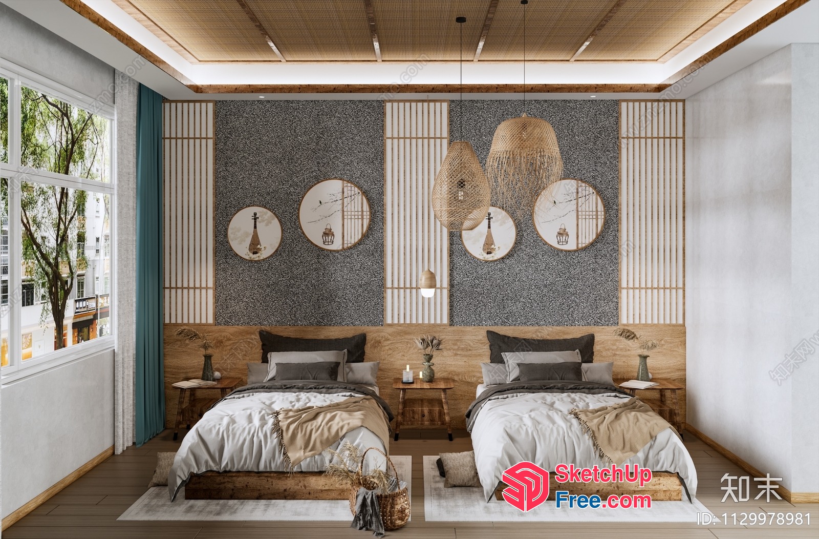 Modern Japanese-Inspired Bedroom With Twin Beds 3D SketchUp File