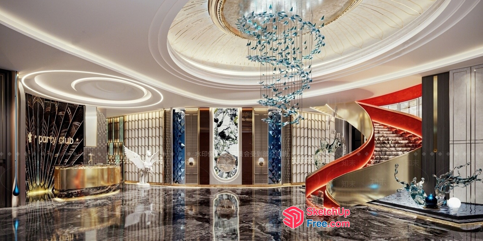 Luxurious Modern Reception Area With Elegant Staircase 3D SketchUp File