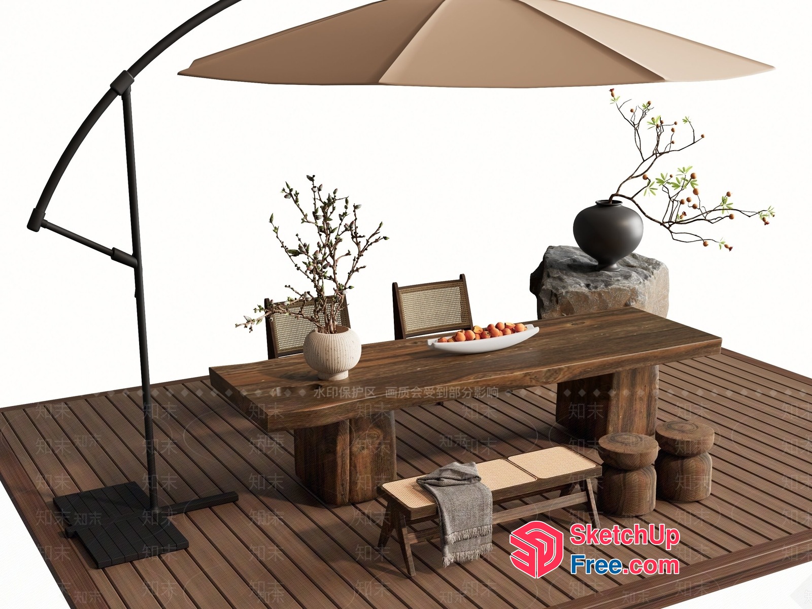 Outdoor Dining Area With Wooden Table And Chairs 3D SketchUp File