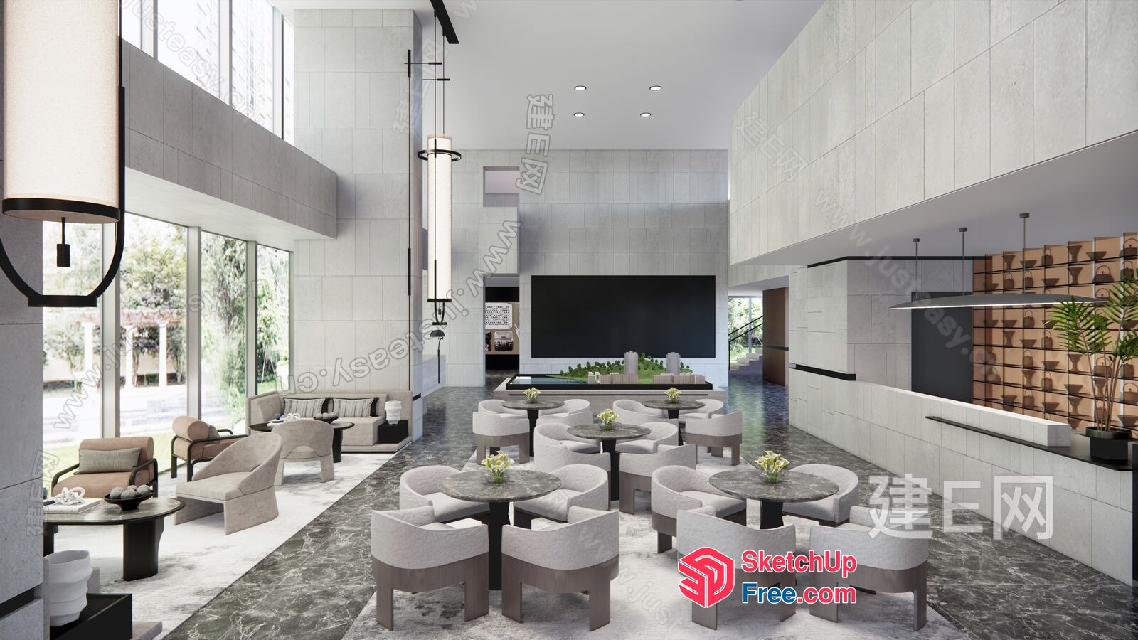 Modern Minimalist Living Room With High Ceiling And Natural Light 3D SketchUp File