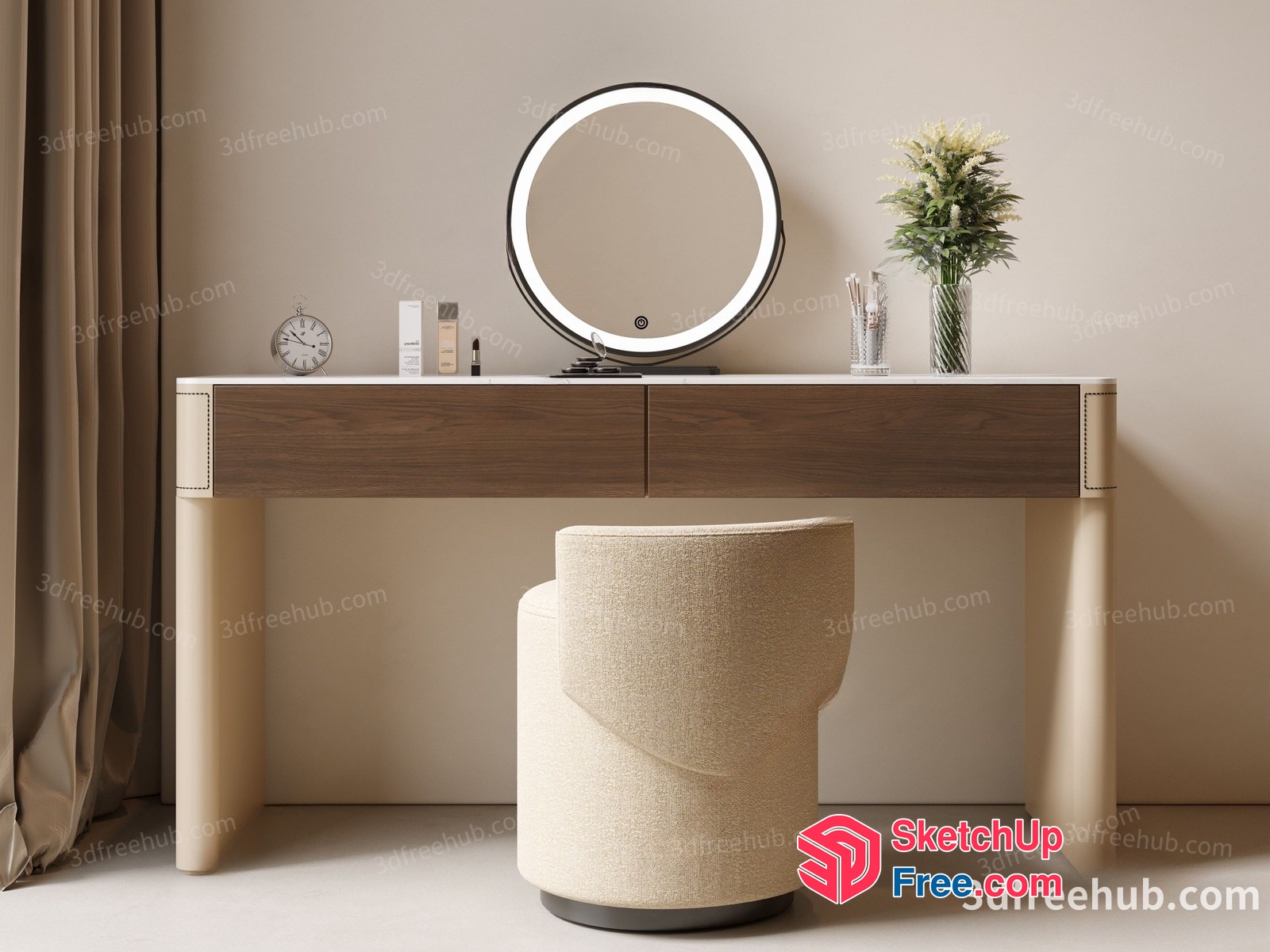 Elegant Vanity Table With Creamy And Wood Accents 3D SketchUp File