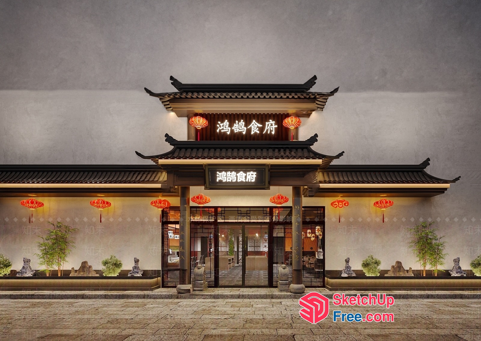 Asian-Inspired Restaurant Exterior 3D SketchUp File