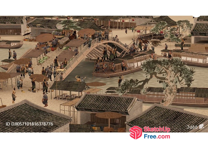 Busy Asian Market Scene With Boats And Buildings 3D SketchUp File