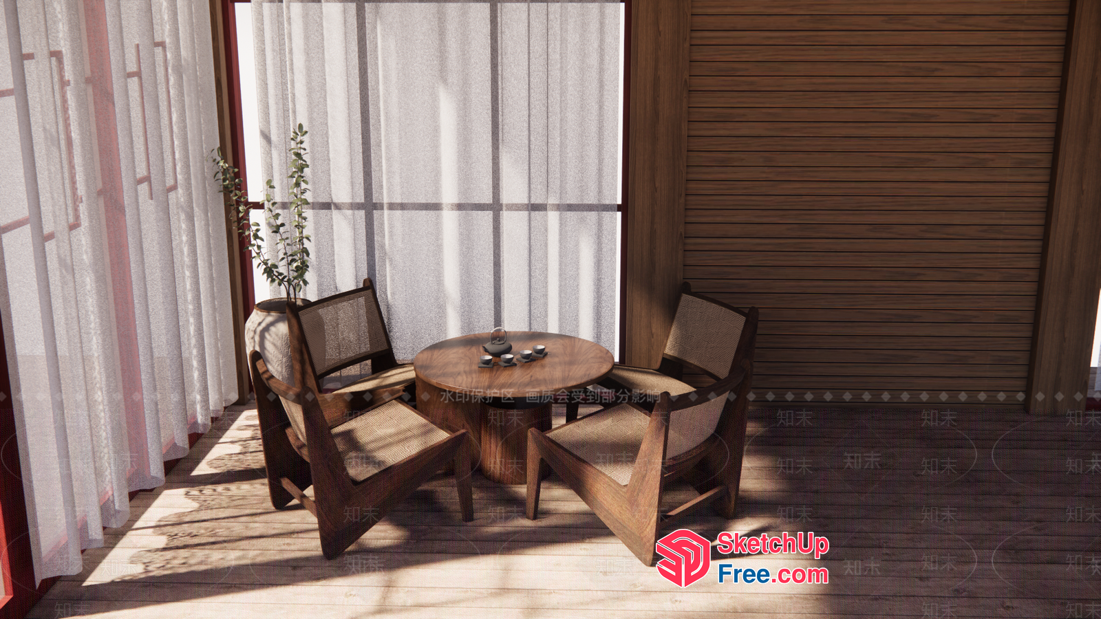 Wooden Chairs And Table In A Sunroom 3D SketchUp File