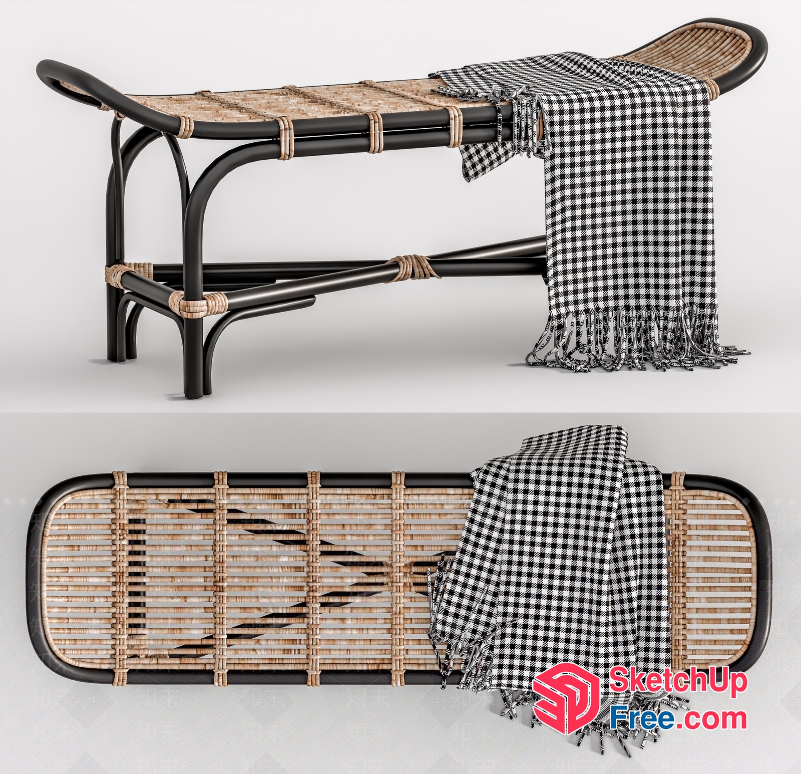 Rattan And Wicker Bench With Plaid Blanket 3D SketchUp File