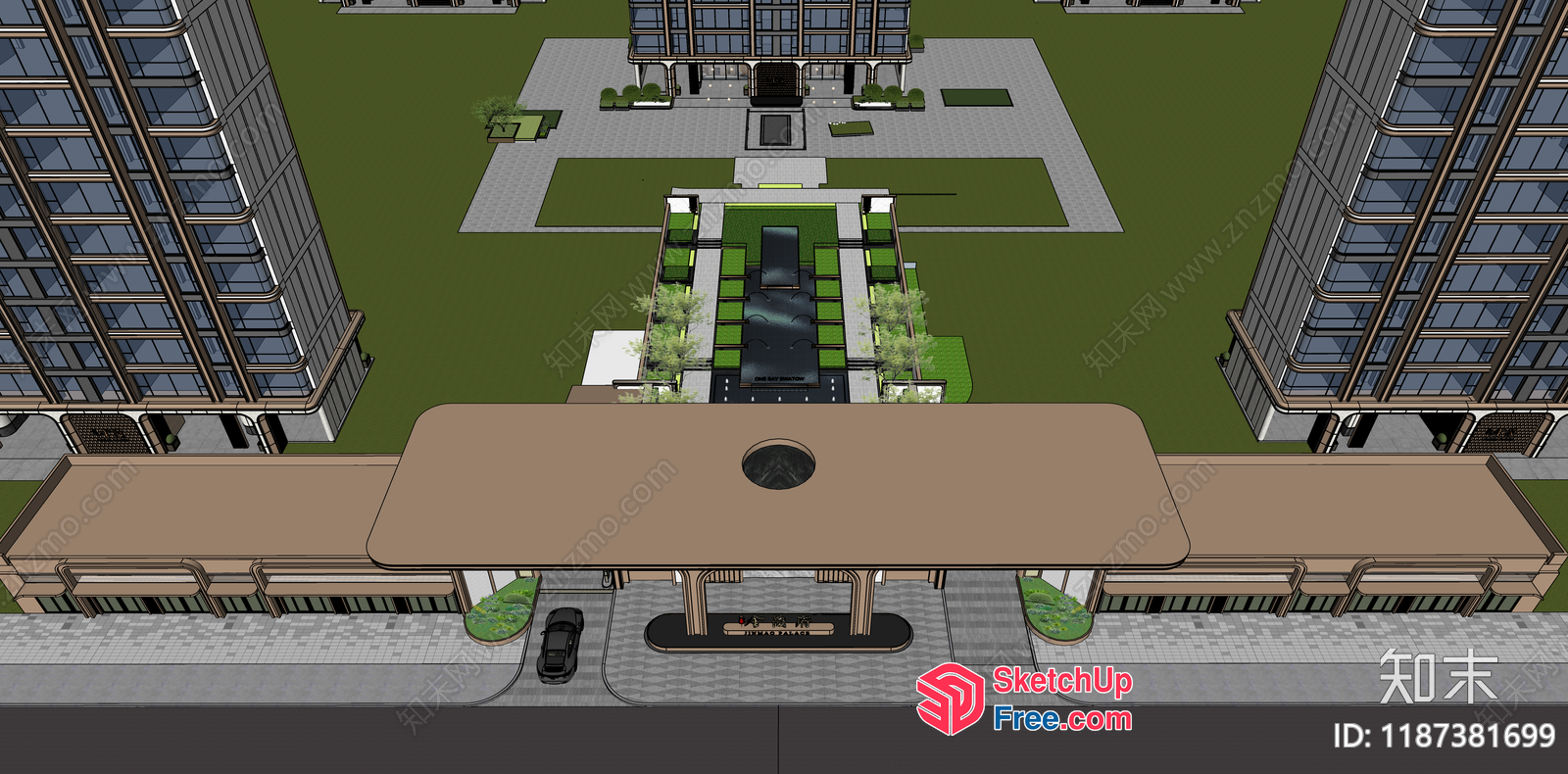 Modern Office Building With Glass Curtain Wall And Greenery 3D SketchUp File