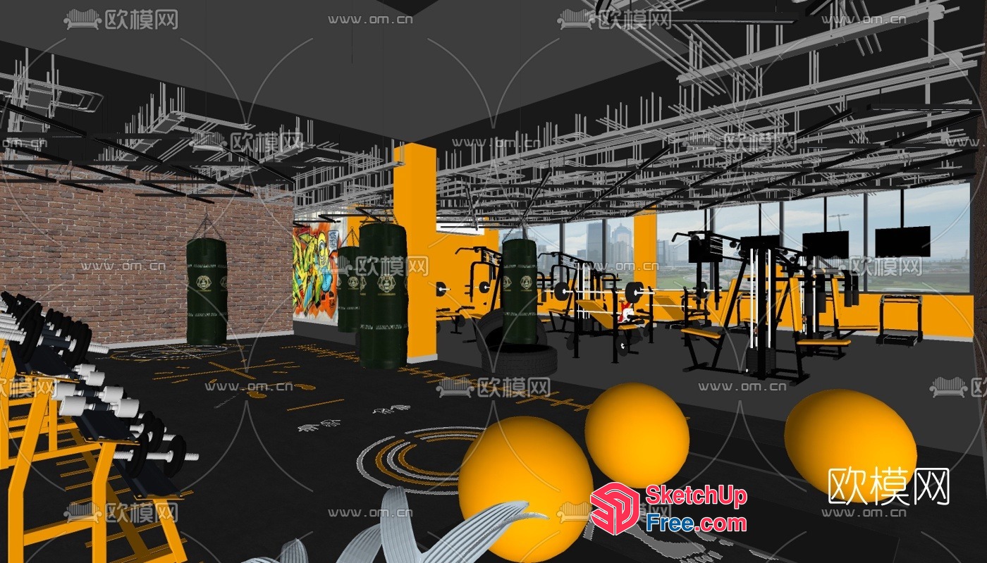 Modern Gym Interior With Fitness Equipment And Exercise Mats 3D SketchUp File