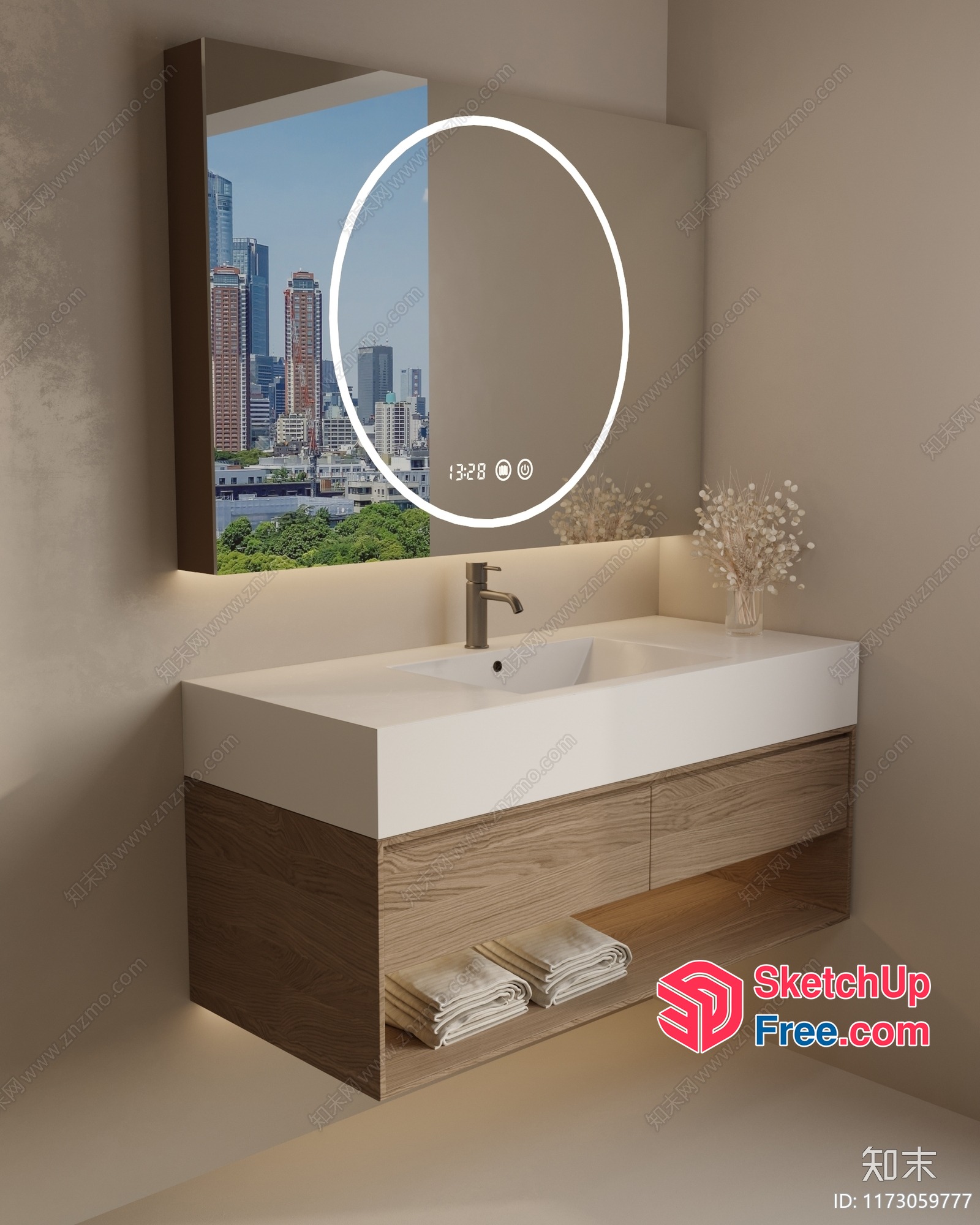Modern Bathroom Vanity With Led Mirror And City View 3D SketchUp File