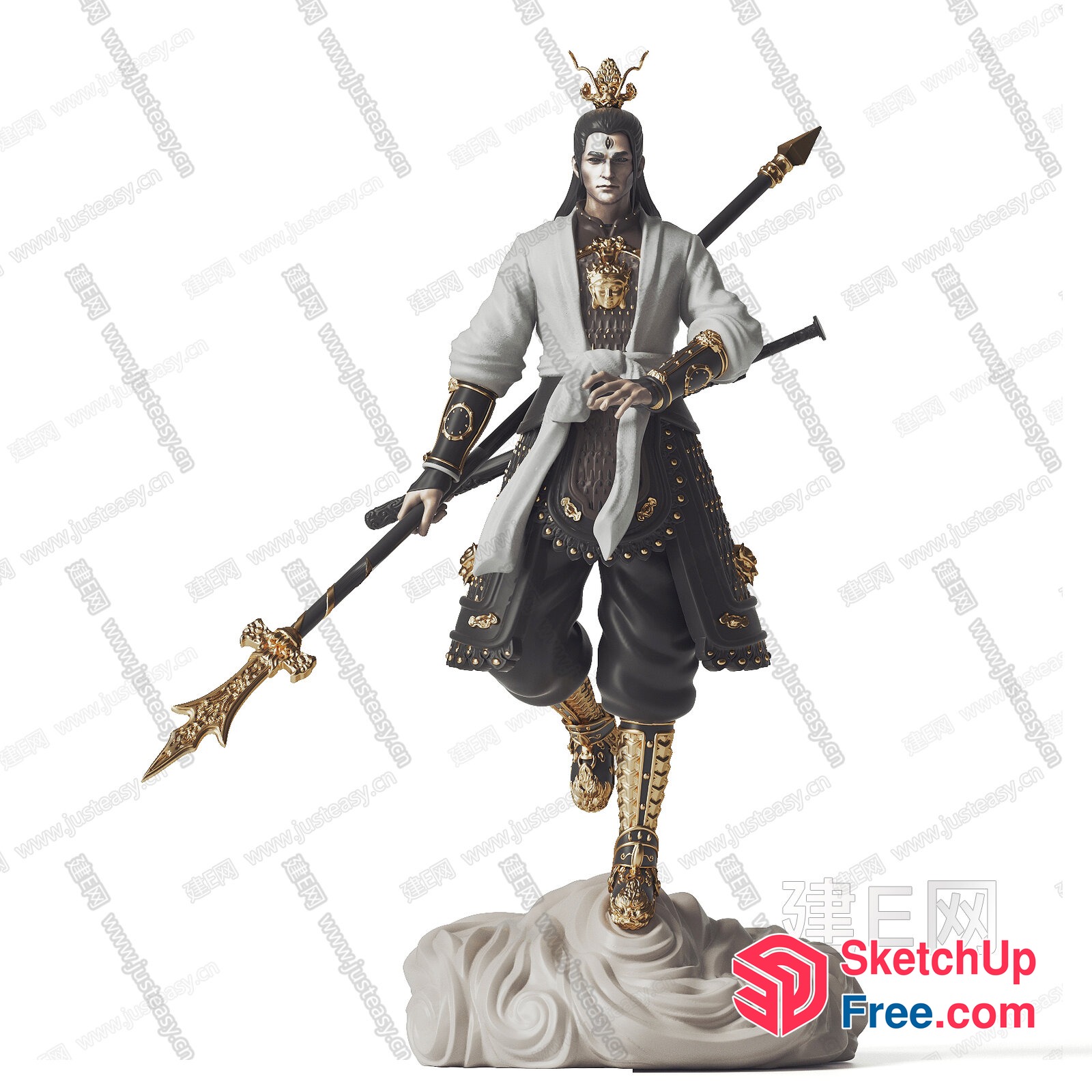 Asian Warrior Figure With Ornate Armor And Spear 3D SketchUp File