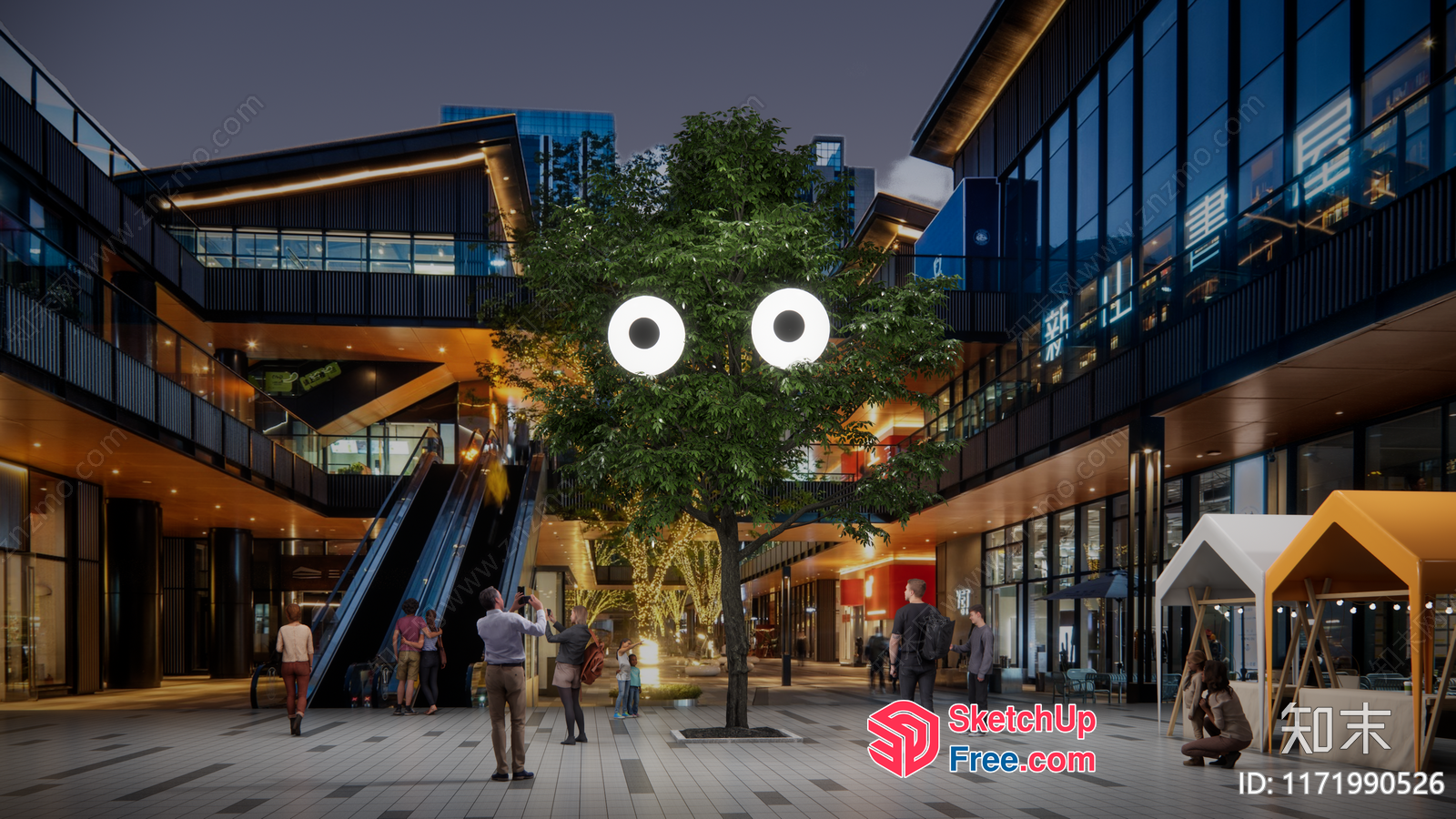 Modern Commercial Street With Tree And People 3D SketchUp File
