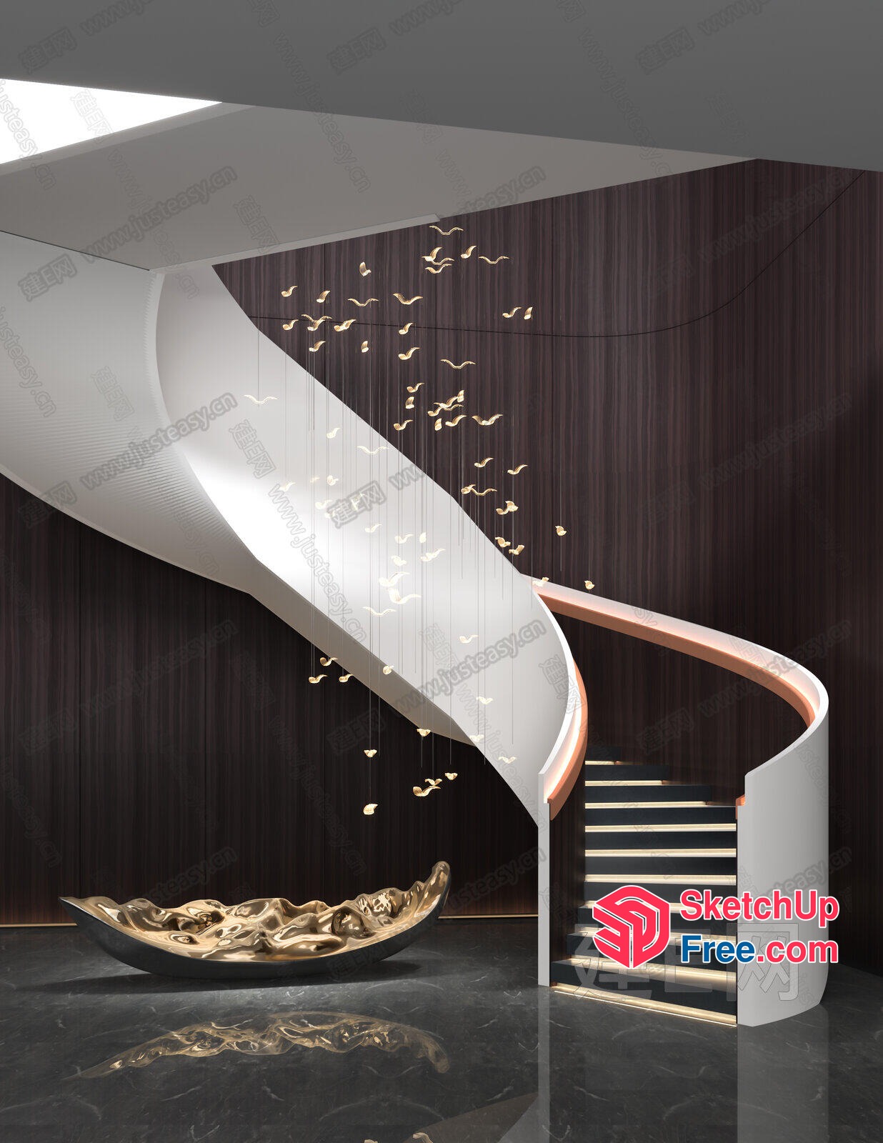 Sleek Curved Staircase With Elegant Gold Accents 3D SketchUp File