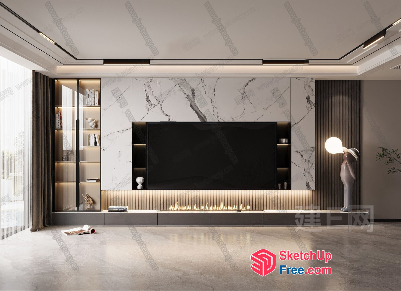 Modern Minimalist Living Room With Fireplace And Tv Wall 3D SketchUp File