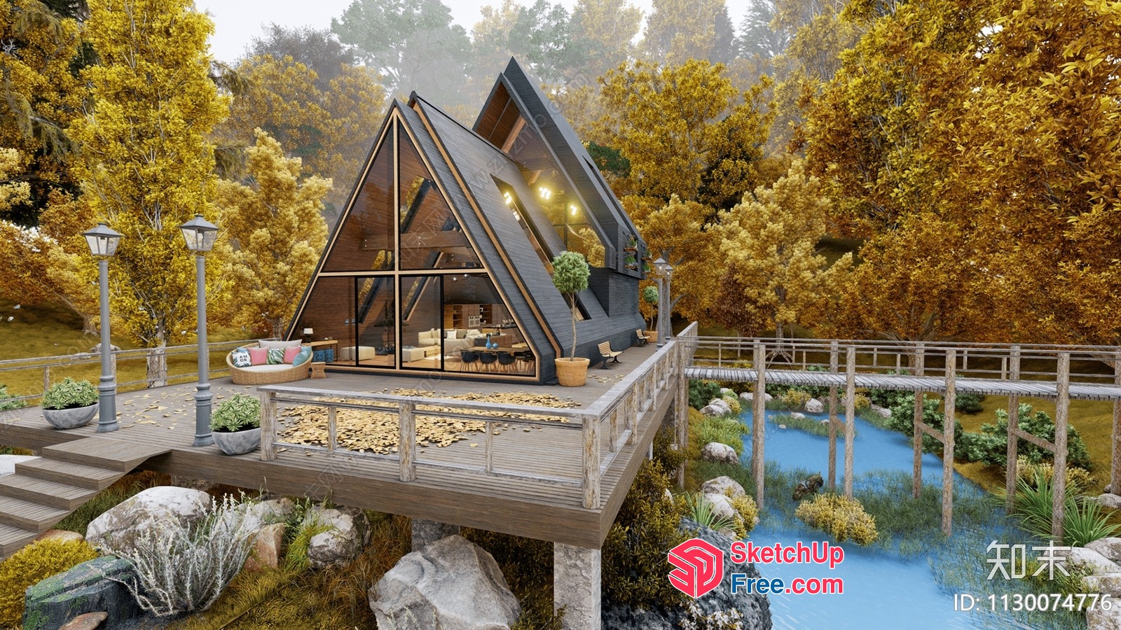 Modern A-Frame House With Glass Walls And Wooden Deck 3D SketchUp File