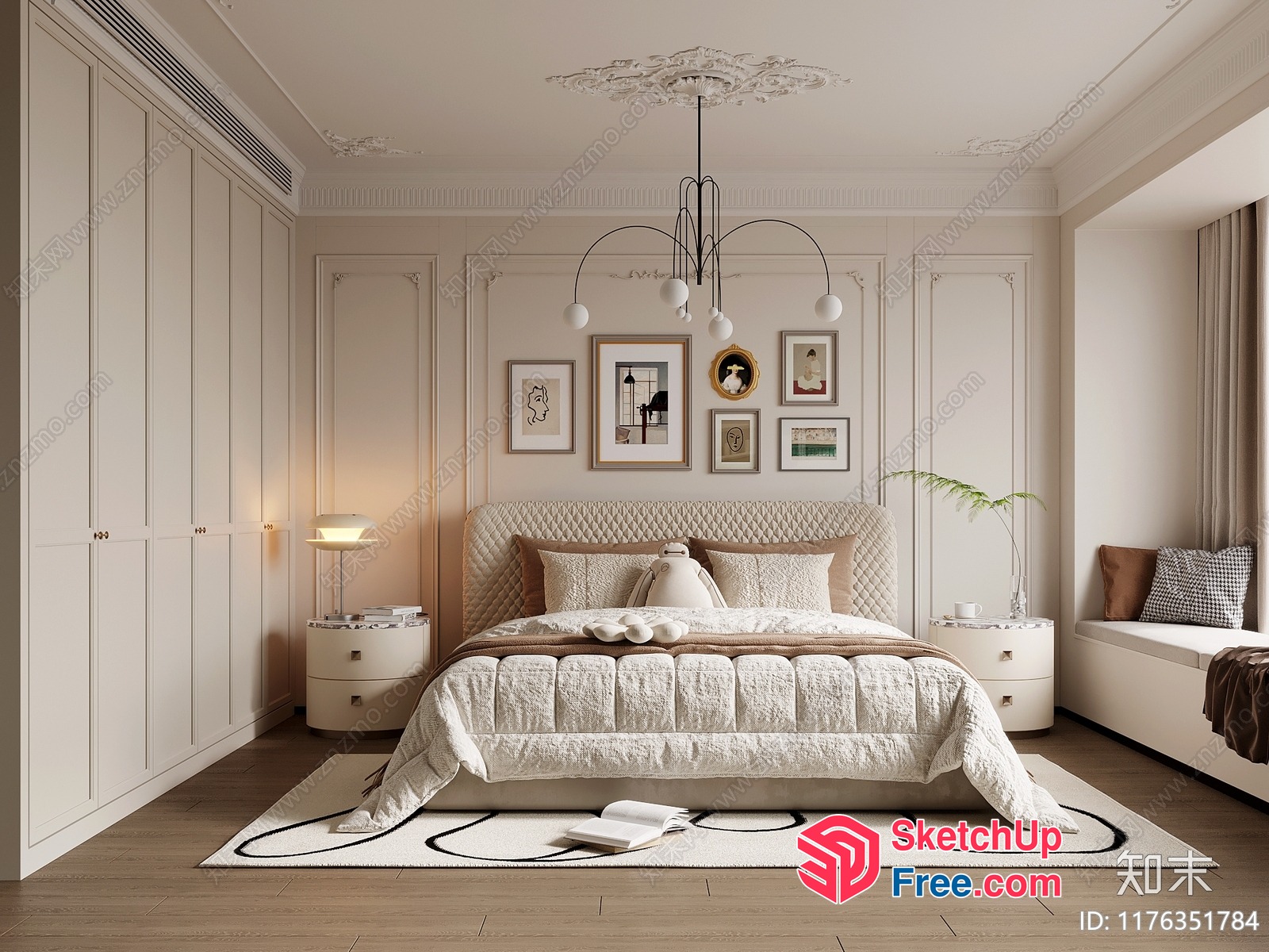 Elegant European Style Bedroom With Creamy Beige Decor 3D SketchUp File