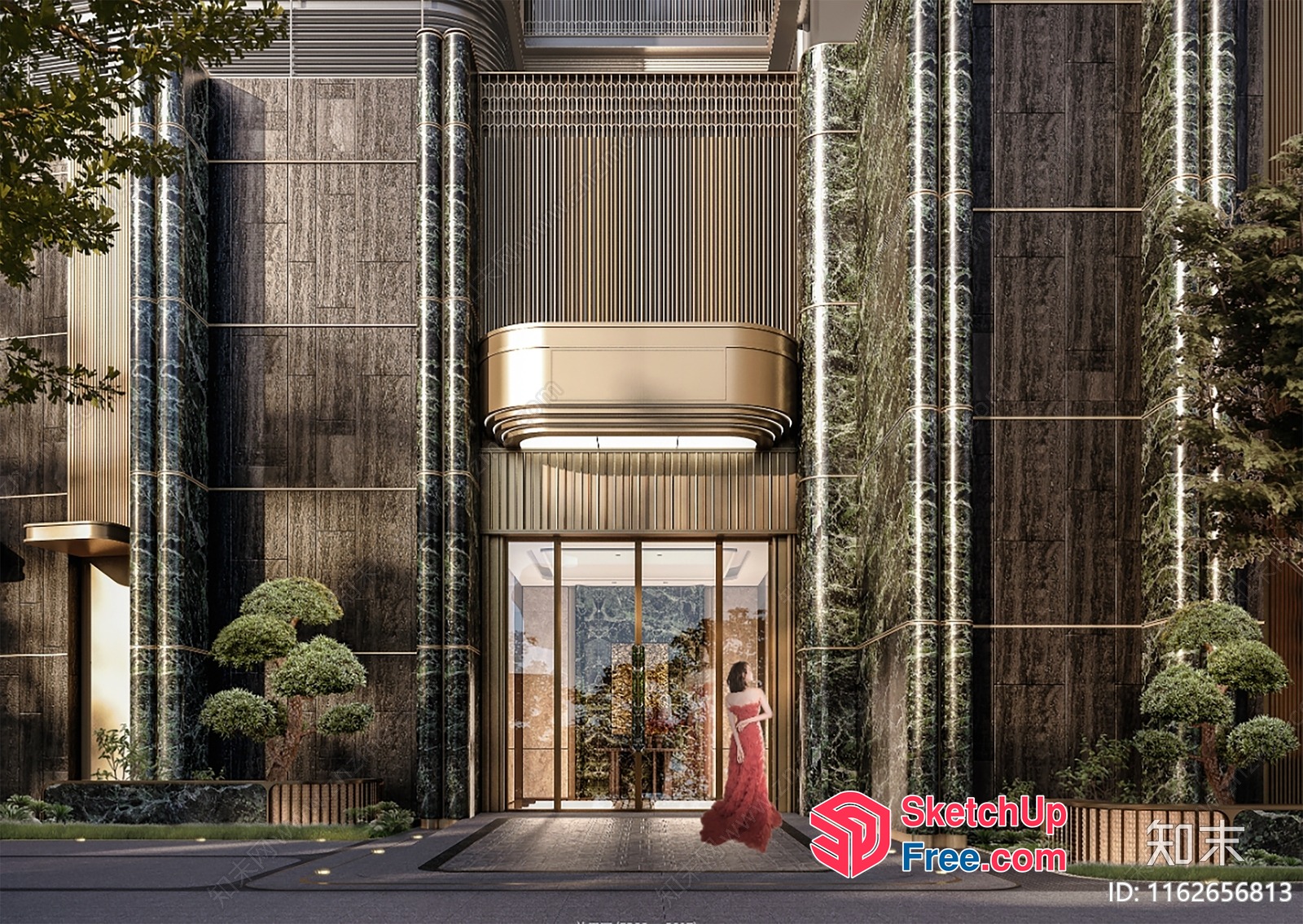 Modern Marble Building Entrance With Elegant Pillars And Glass Doors 3D SketchUp File