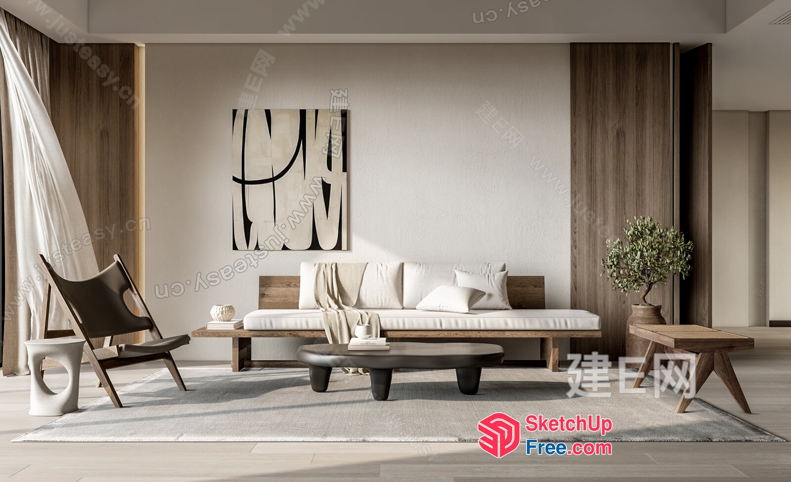 Minimalist Japanese Style Living Room With Neutral Tones 3D SketchUp File