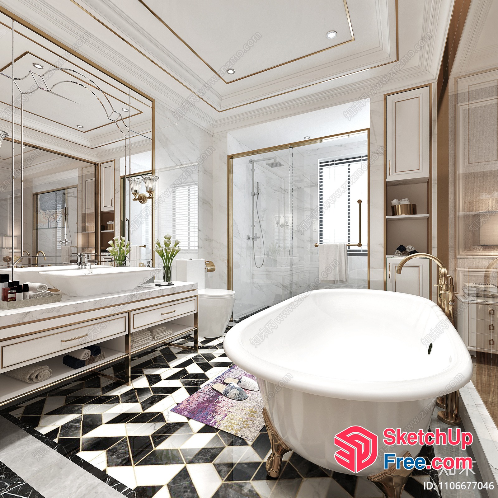 Elegant Bathroom With White And Black Marble Flooring 3D SketchUp File