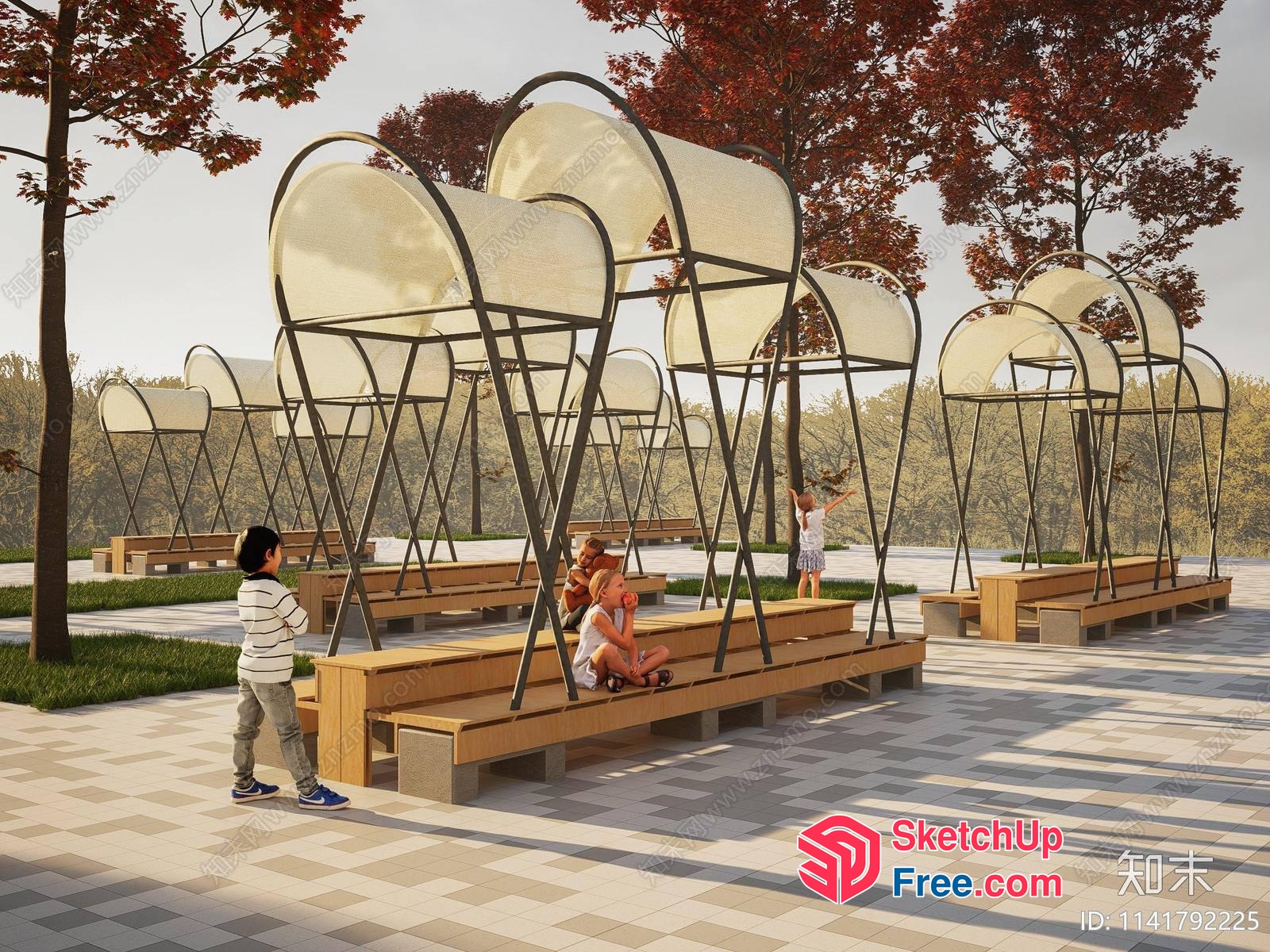 Modern Outdoor Public Space With Unique Sculptures And Benches 3D SketchUp File