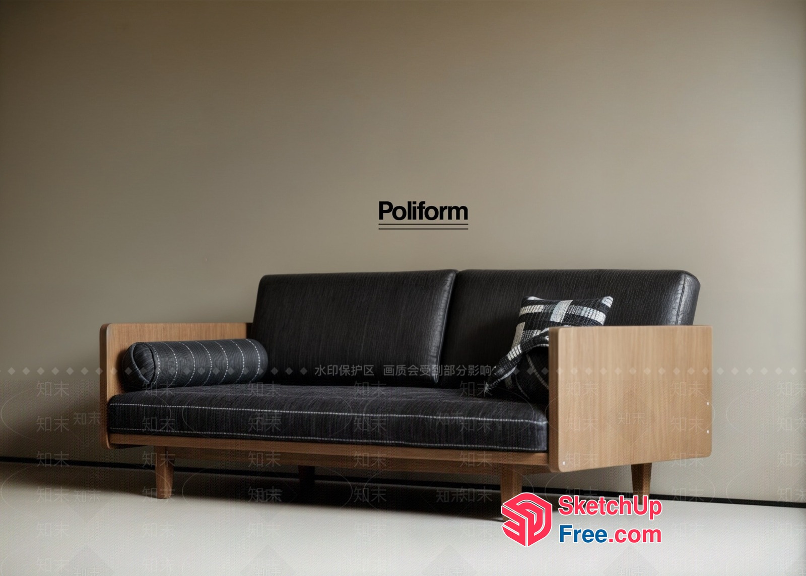 Modern Sofa With Wooden Accents And Black Cushions 3D SketchUp File