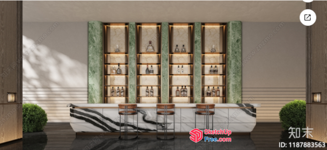 Modern Bar Interior With Marble And Green Accents 3D SketchUp File