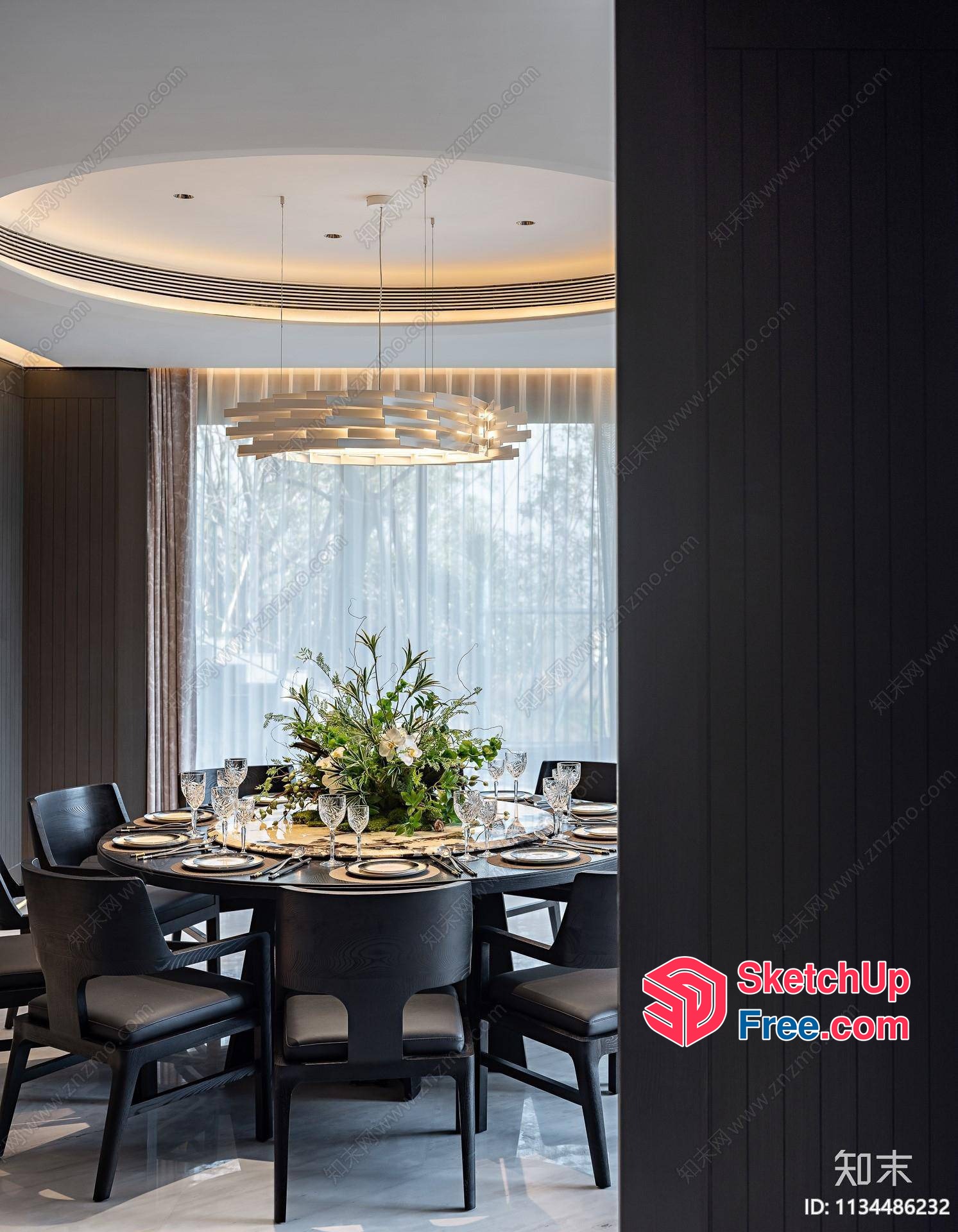 Elegant Dining Room With Modern Chandelier And Table Setting 3D SketchUp File