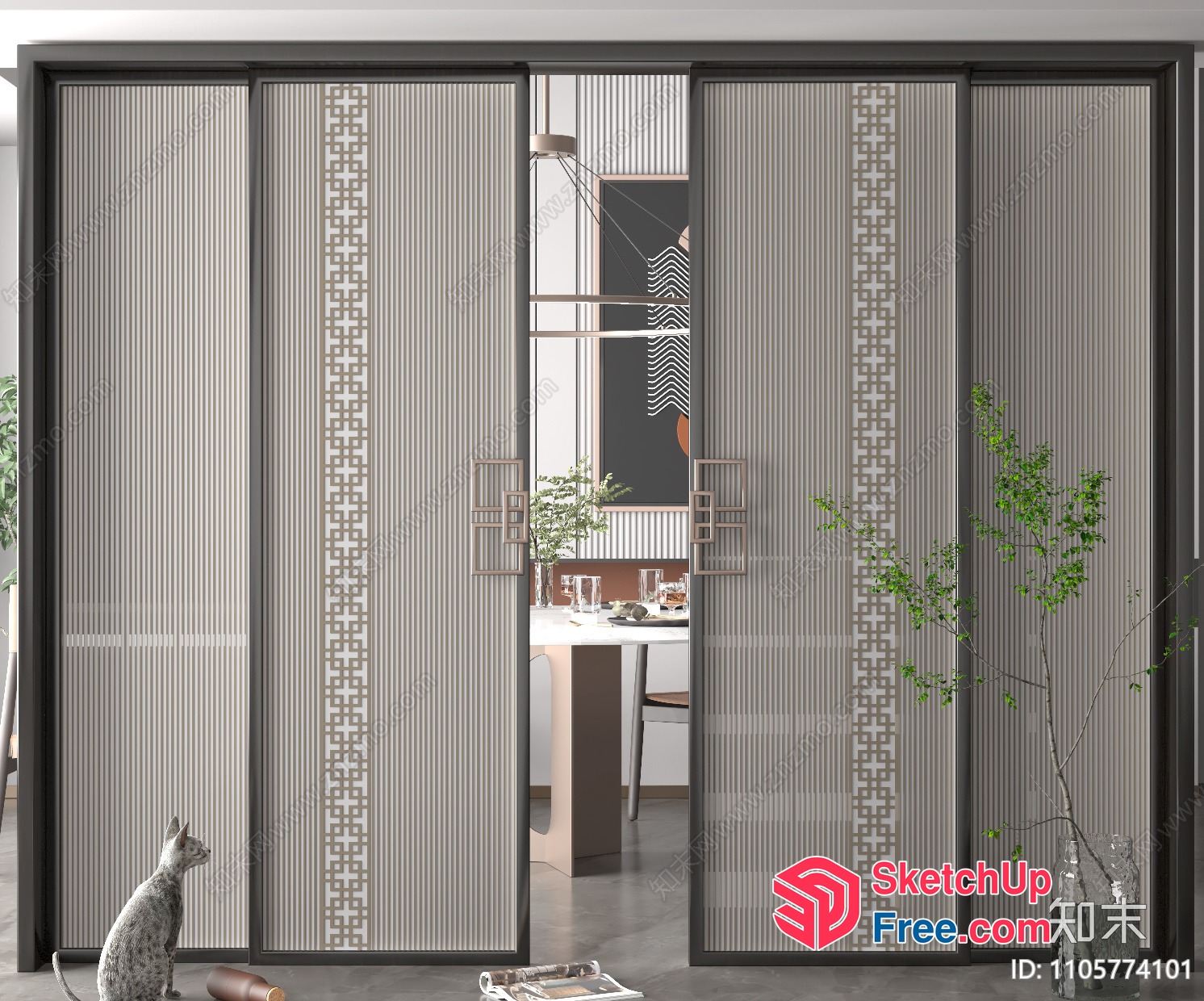 Modern Sliding Door With Vertical Lines And Decorative Elements 3D SketchUp File