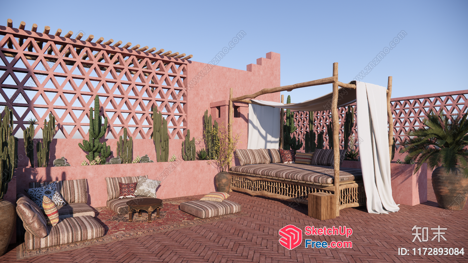 Exterior Homestay Roof Deck With Daybed And Cactus Plants 3D SketchUp File