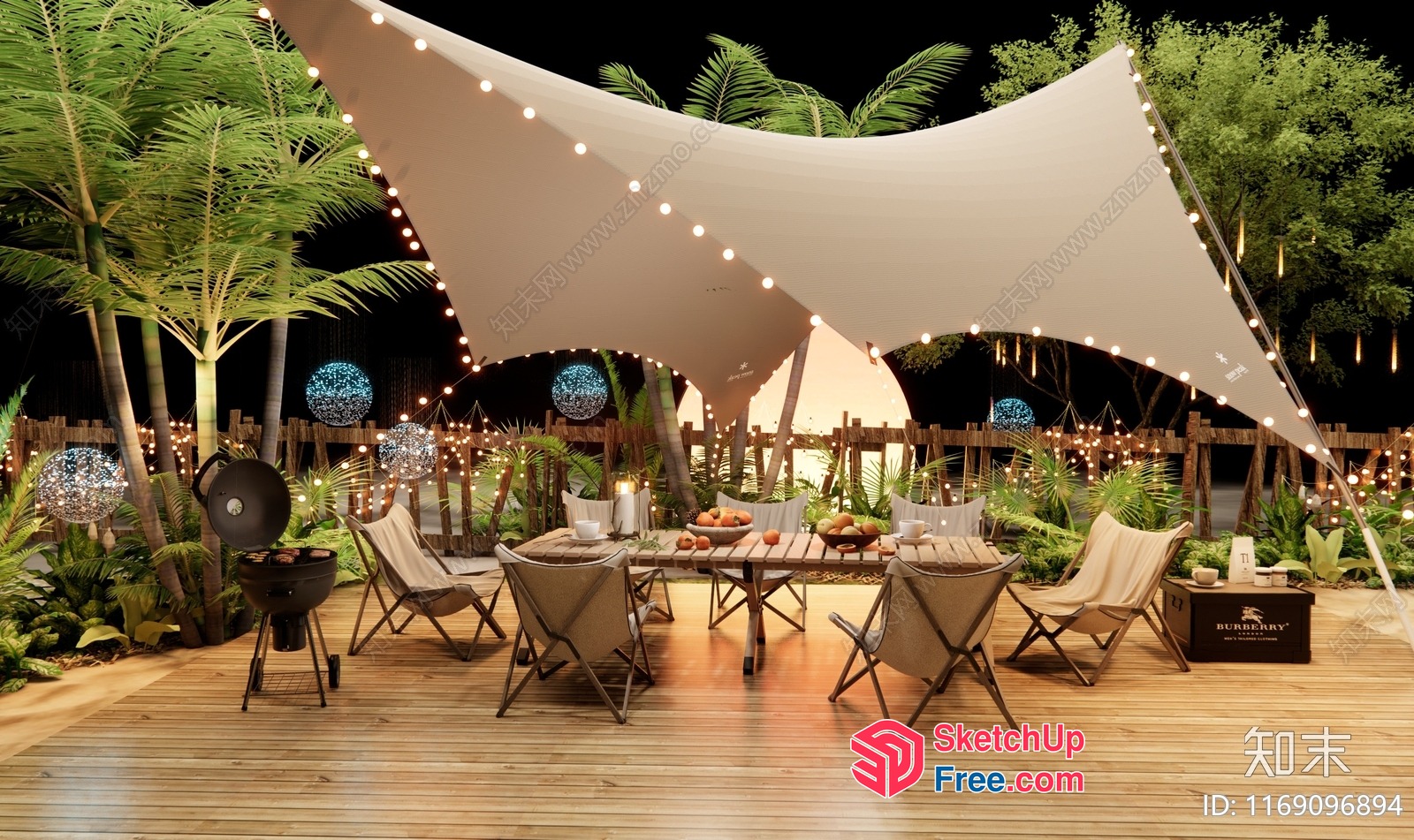 Outdoor Dining Area With String Lights And Bbq Grill 3D SketchUp File