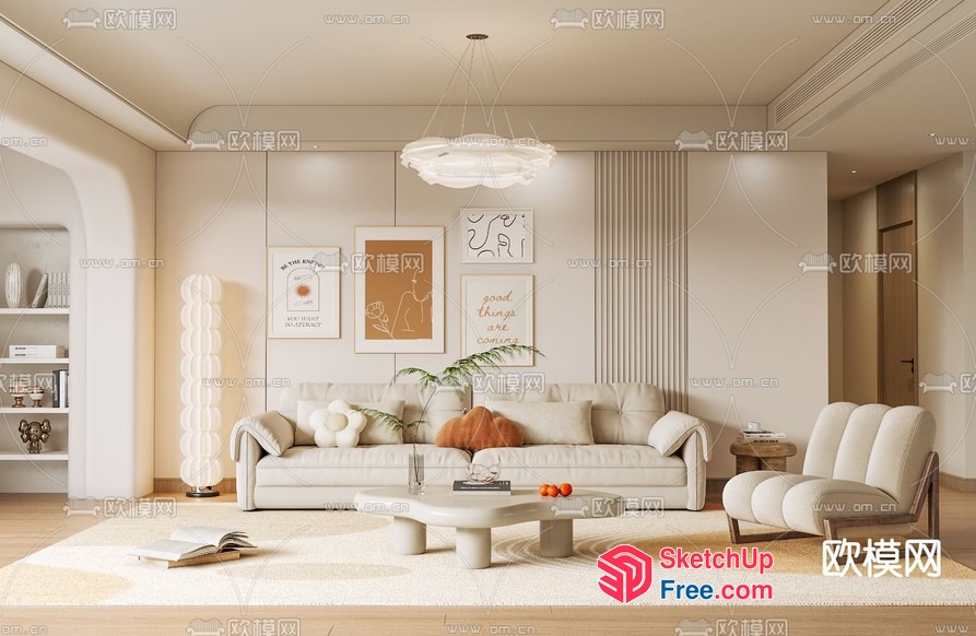 Creamy-Style Living Room With Elegant Pillars 3D SketchUp File