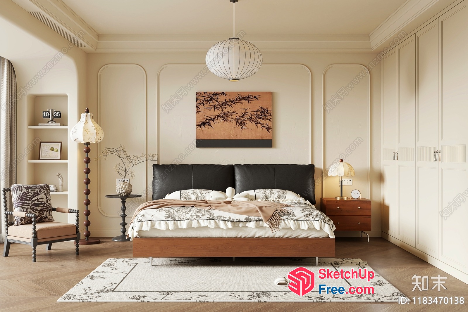 Elegant Creamy Style Japanese Bedroom 3D SketchUp File