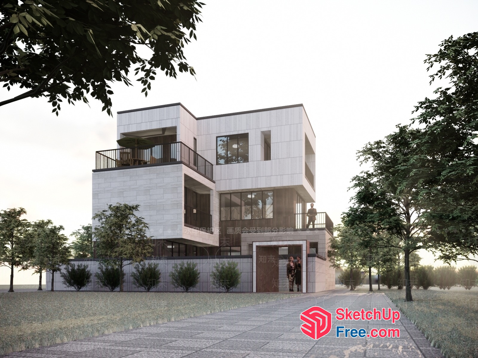 Modern Three-Story Residential Building With Balconies And Stairs 3D SketchUp File