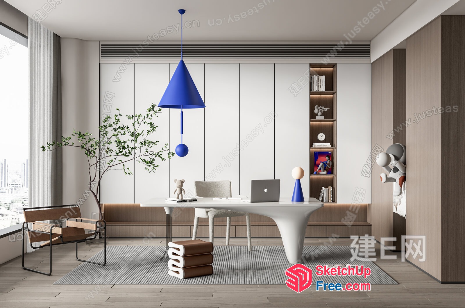 Modern Minimalist Office Space With White And Brown Decor 3D SketchUp File